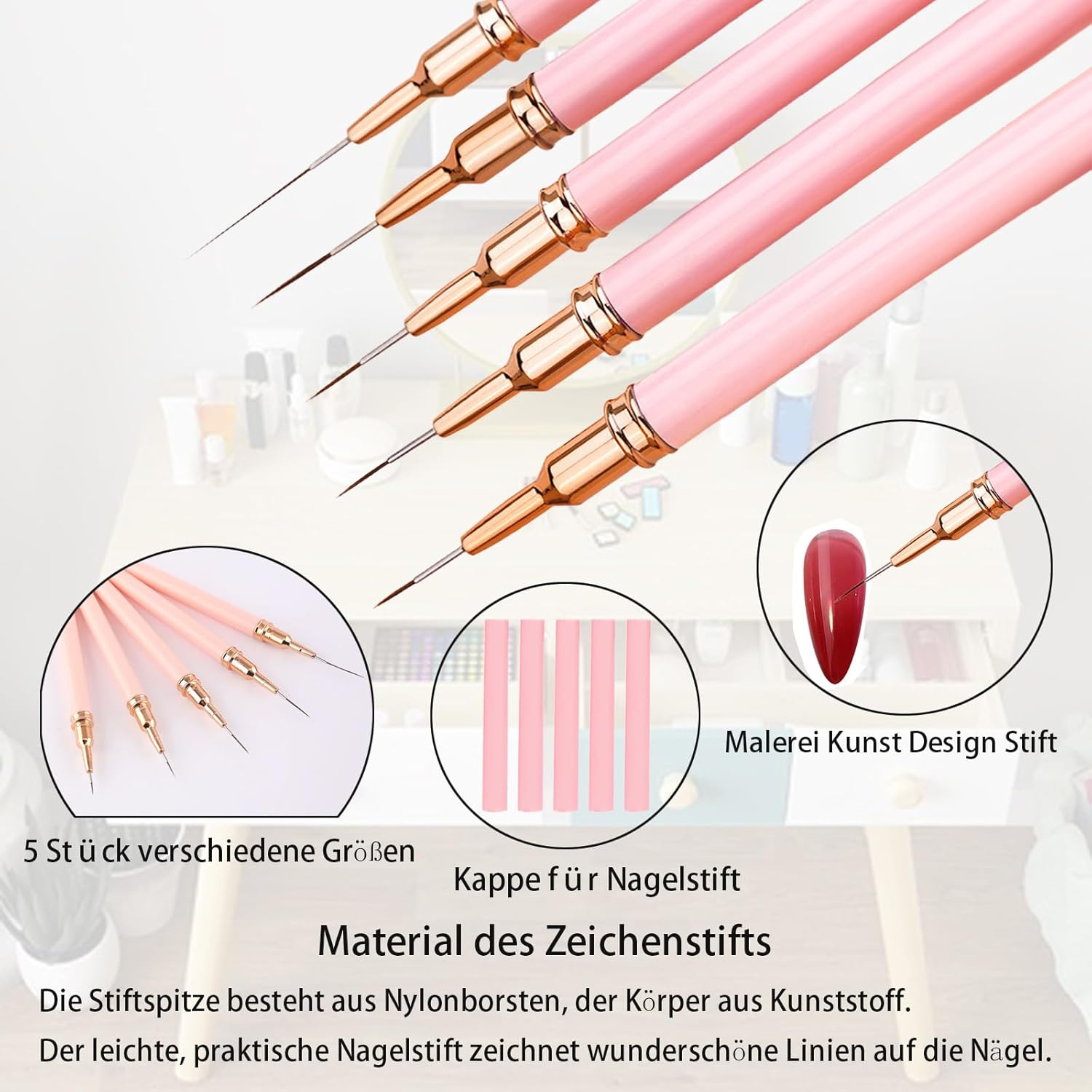 Pack of 5 Nail Brush, Nail Brush, Eyeliner Brush, Nail Art Brush Set, Liner Brush Set, Nail Brush Painting Pen with Fine Nylon Bristles in Sizes 7 Mm, 9 Mm, 11 Mm, 15 Mm and 25 Mm (Pink) image number 1