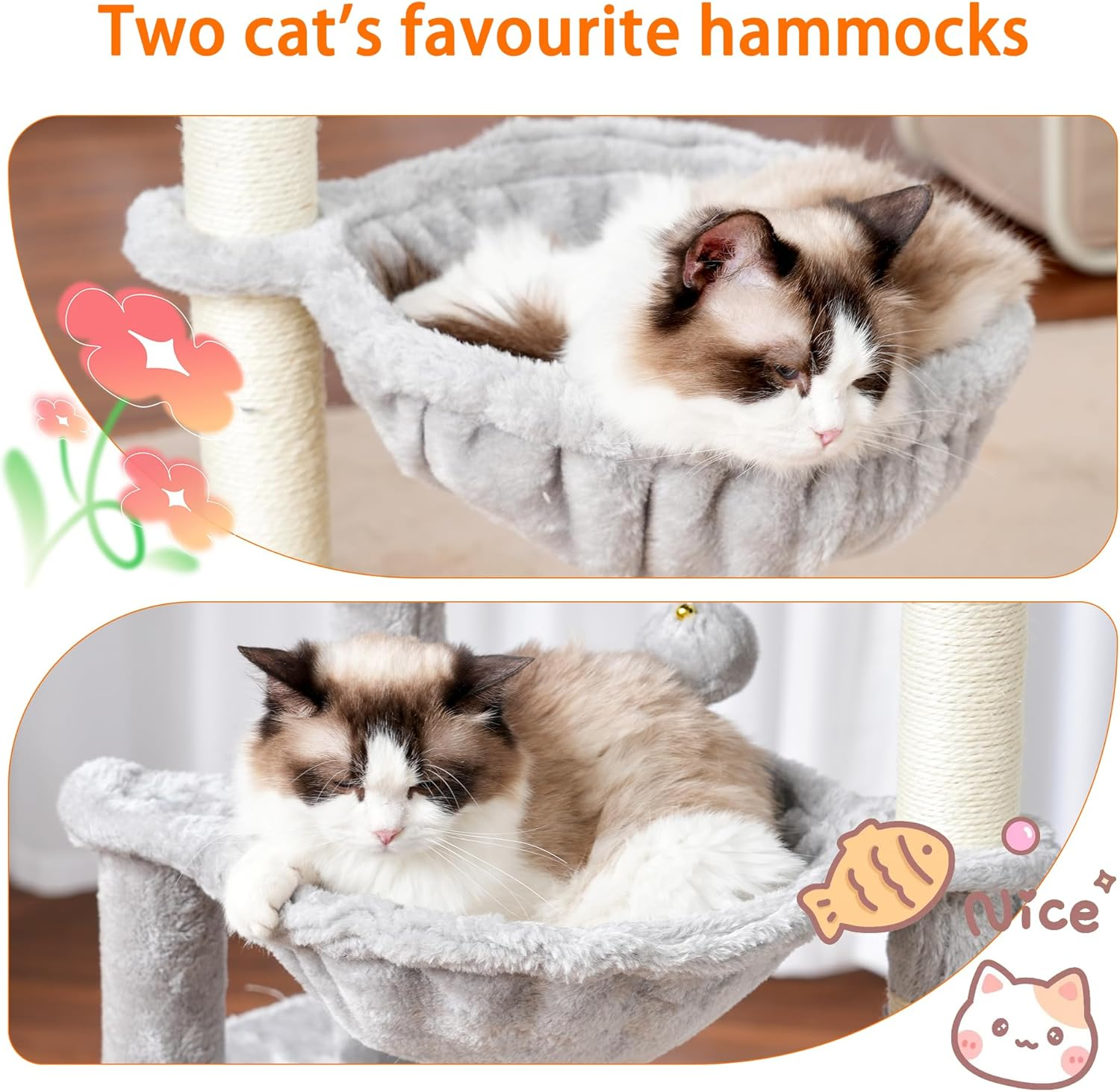 Heybly Cat Tree, 100Cm Cactus Tower Condo with Scratching Post, Cat Tower for Indoor Cats, Fully Wrapped Sisal Pole, Soft Platform, 2 Baskets and Dangling Toy, Light Gray HCT006SW image number 6