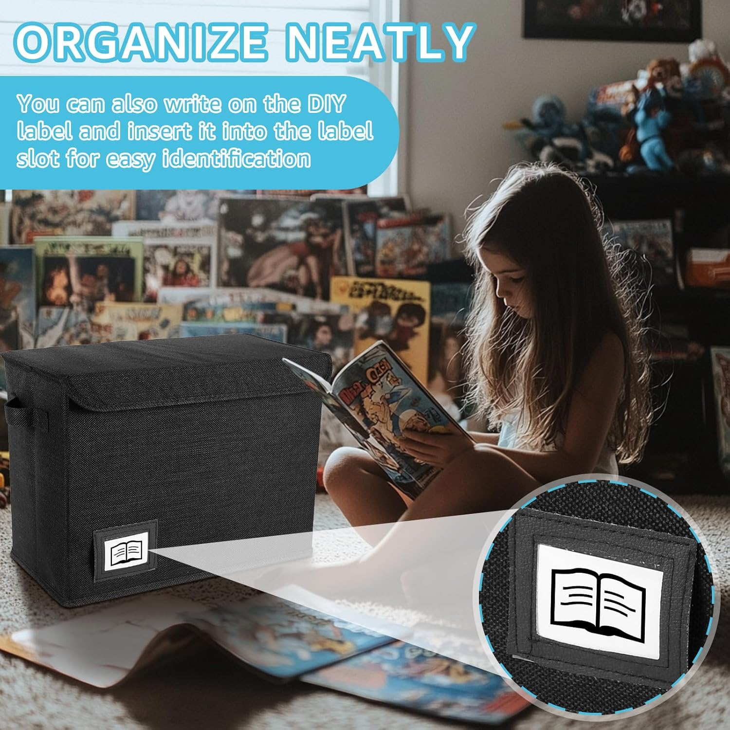 Comic Book Storage Box, Collapsible Comic Book Box, Washable Integrated Comic Book Bin, Foldable Comic Short Box Holds 150-180 Comics, Comic Book Bin Container for Home Office (Black) - Black image number 6