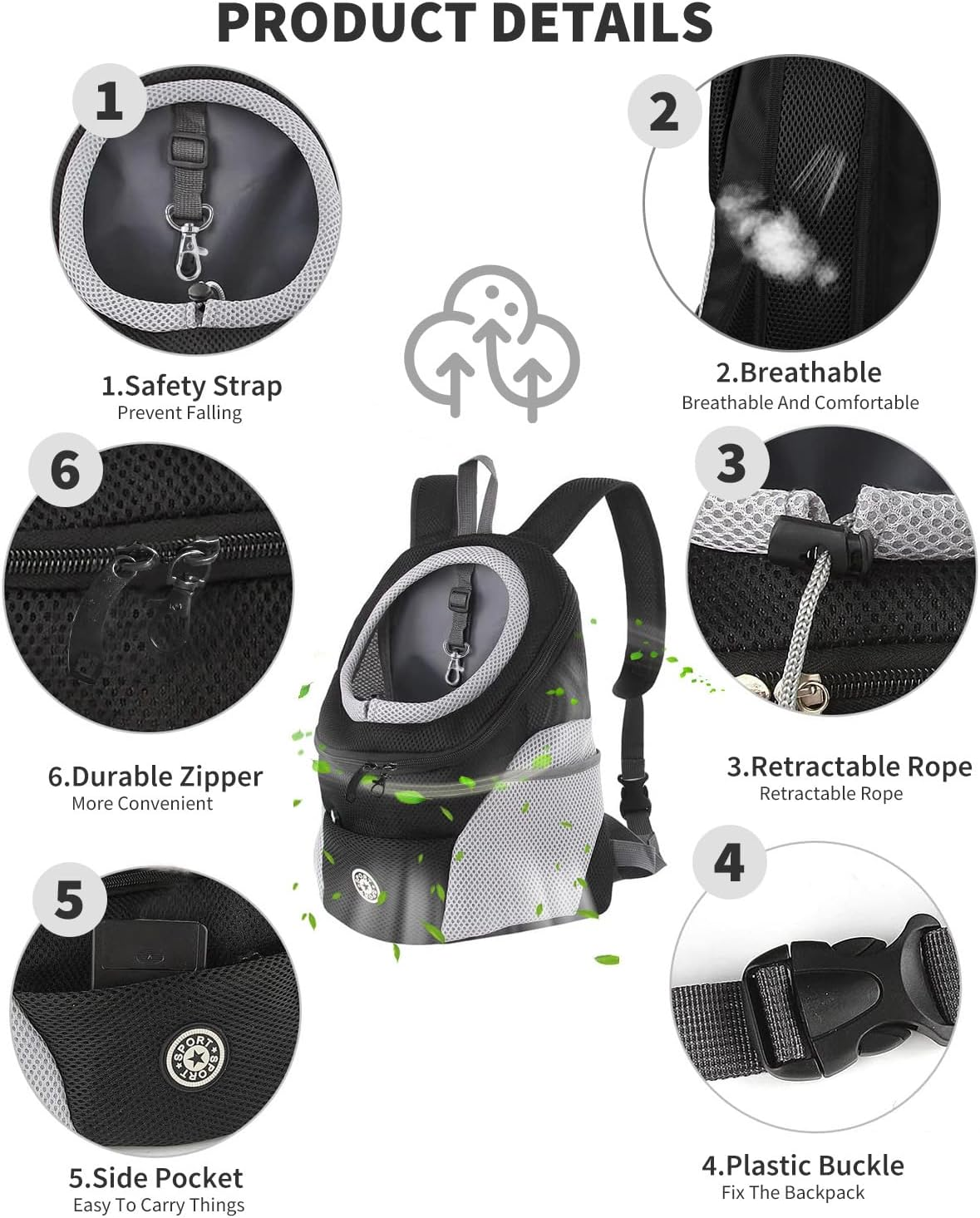 PETCUTE Dog Carrier Backpack, Adjustable Pet Backpack for Small Dogs and Cats, Padded Shoulder Strap, Waterproof Base, Breathable, Pet Front Pocket with Safety Hooks, for Hiking image number 4