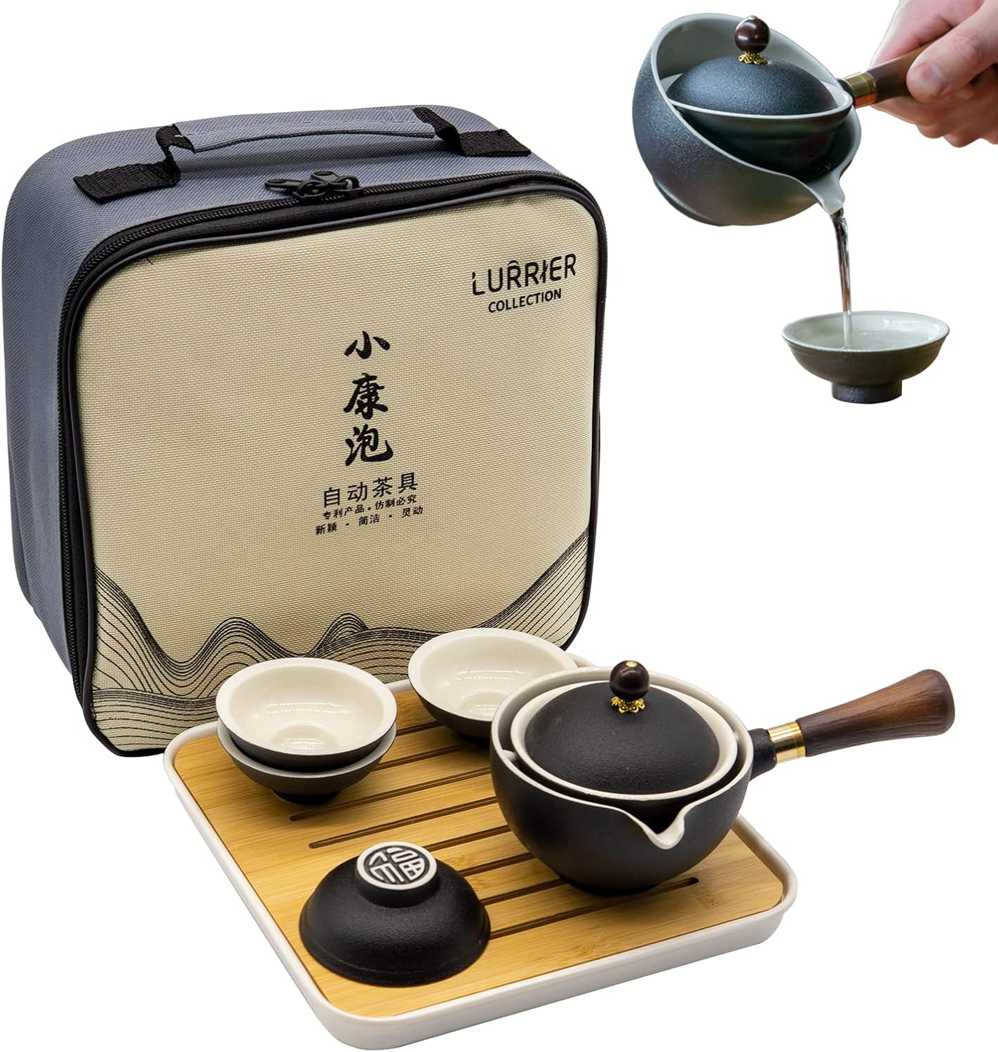 LURRIER Porcelain Chinese Gongfu Tea Set,Portable Teapot Set with 360 Rotation Tea Maker and Infuser,Portable All in One Gift Bag for Travel,Home,Gifting,Outdoor and Office(Blue)