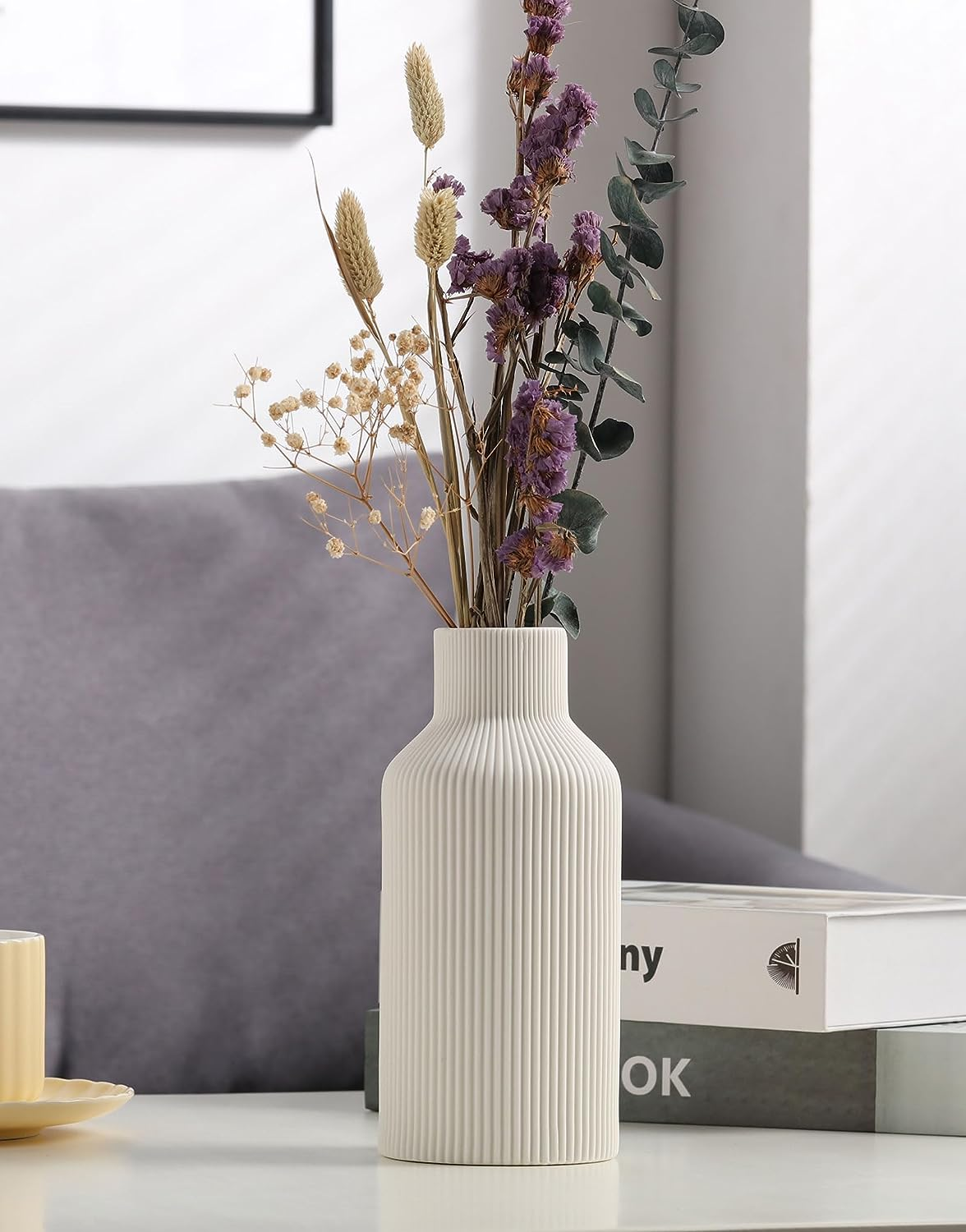 White Ceramic Flower Vase, Minimalist Modern Home Decor, Small Pampas Grass Vases for Table, Shelf Bookshelf, Mantel, Entryway and Centerpieces (8 In) - Orange image number 6