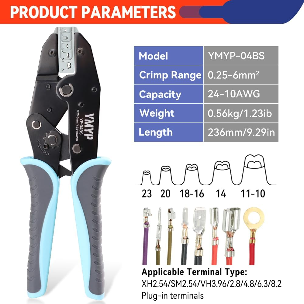 Crimping Tool for Open Barrel Terminals JST Molex TE Connectors - 24-10 AWG (0.25-6Mm&sup2;) with Wire Cutting Jaw - Ratcheting Wire Crimper image number 3