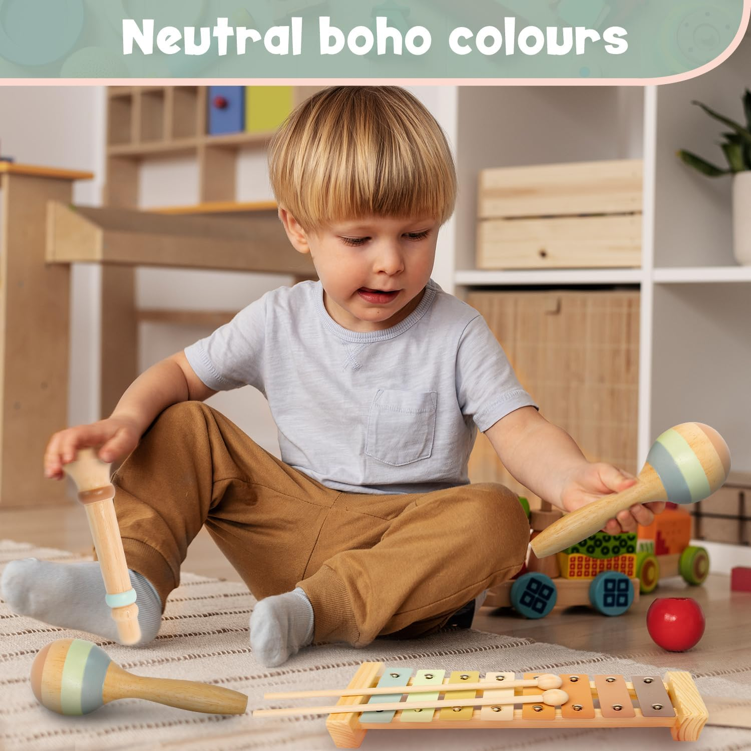 Stoie'S Wooden Kids Musical Instruments for Babies and Toddlers 1-9 Years Old, Montessori Educational Music Toy with Xylophone, Tambourine, Triangle, Maracas, Durable, Storage Bag, Unisex Boho Colors image number 6