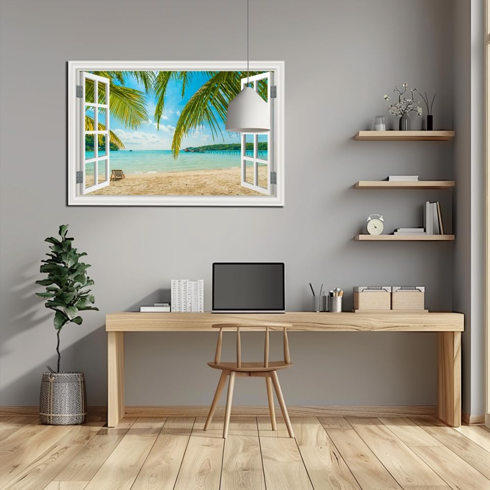 Beach Wall Art Decor Tropical Ocean Canvas Picture for Living Room White Window Frame Style Blue Seascape Paiting for Bedroom Coastal Theme Landscape for Home Office Decorations Ready to Hang(24"*36") image number 3