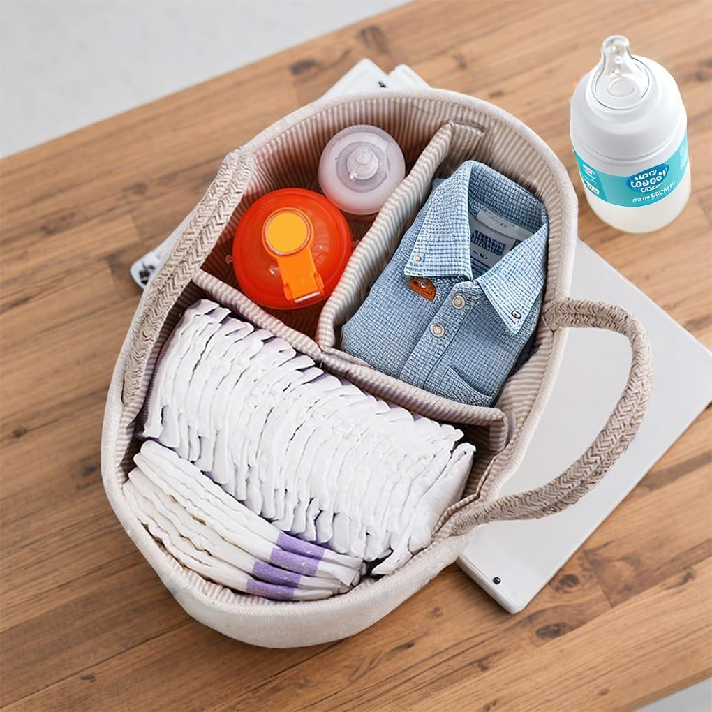 Delsol Cotton Rope Diaper Caddy Organizer, Large Nursery Baby Basket, Changing Table Organizer for Baby Diaper Storage, Portable Car Organizer with Removable Divider, Baby Shower image number 4