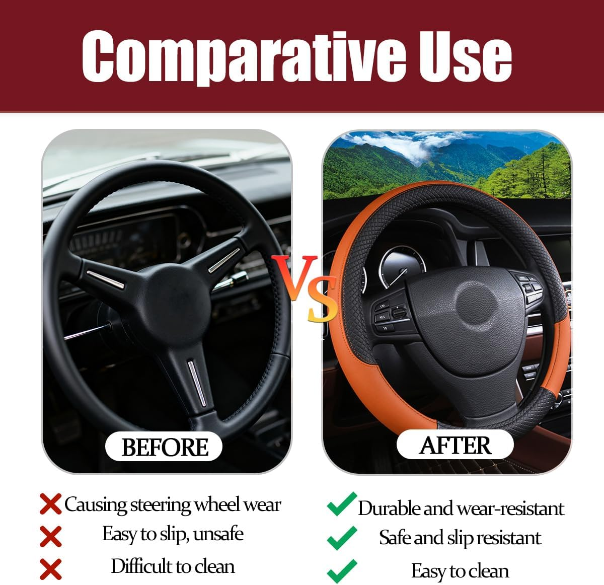 FALVFUN Car Steering Wheel Cover, 15 Inch Elastic Stretch Leather Vehicle Steer Wheel Cover Protector, Anti-Slip Breathable Automotive Interior Protection Accessories, Universal Fit (Black/Orange) - Black/Blue image number 2