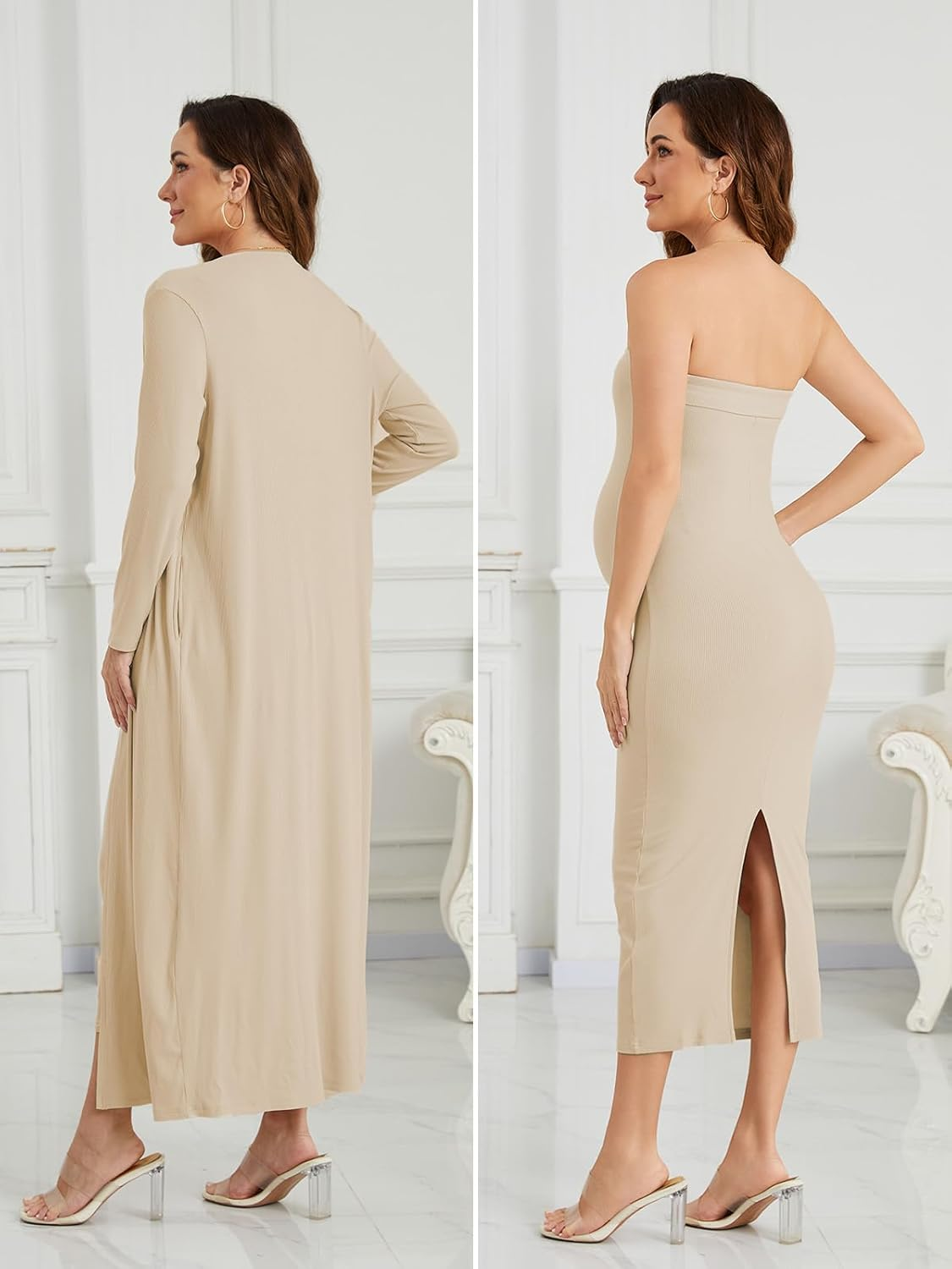 Ecavus Maternity Tube Dress Long Cardigan 2 Piece for Baby Shower and Wedding Guest Ribbed Maternity Photoshoot Dresses image number 5