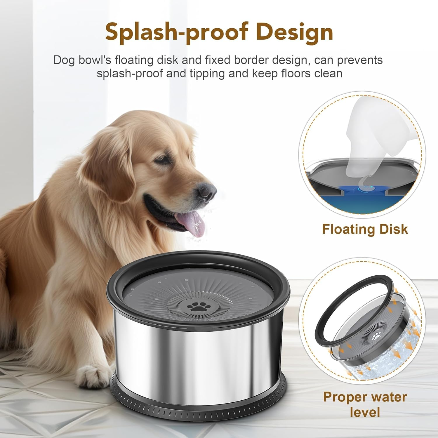 3.5L Dog Water Bowl, Large Capacity No Spill Dog Water Bowl, Stainless Steel Spill Proof Slow Water Feeder, No Splash Water Bowl, with Anti-Slip Mat for Messy Drinkers, Grey.
