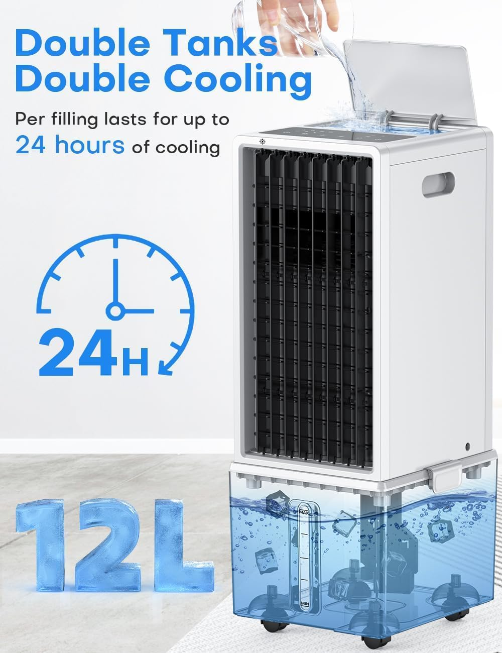 Portable Air Conditioner, 4-IN-1 Windowless Air Conditioner W/12L Tank for 24H Cooling, 4 Modes&4 Speeds,Led Display, Waterless Alert System, 12H Timer, Evaporative Air Cooler for Room image number 4