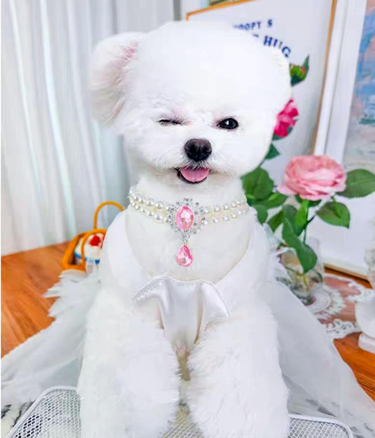 2 Row Pearls Collar for Cats Pearl Dog Collar Rhinestone Necklaces for Small Dogs Collar Accessories Cat Pearl Collar (Pink, M) image number 1