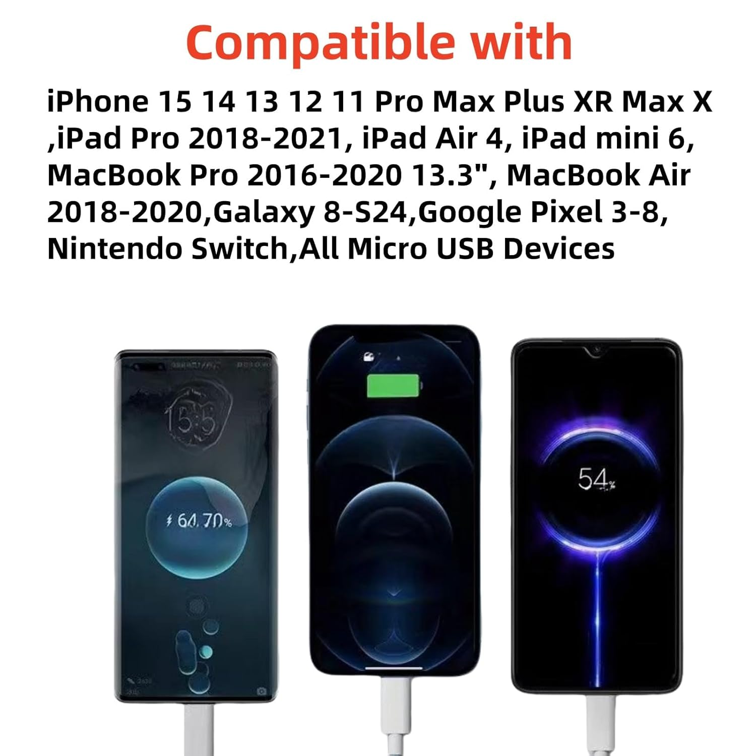 AMITOME Multi 3 in 1 USB C Car Fast Charging Cable - 1M 66W Braided USB C to USB C,IP Port and Android Port Compatible with Most Cell Phones,Ipad Pro,Air5,Macbook and More - White image number 3