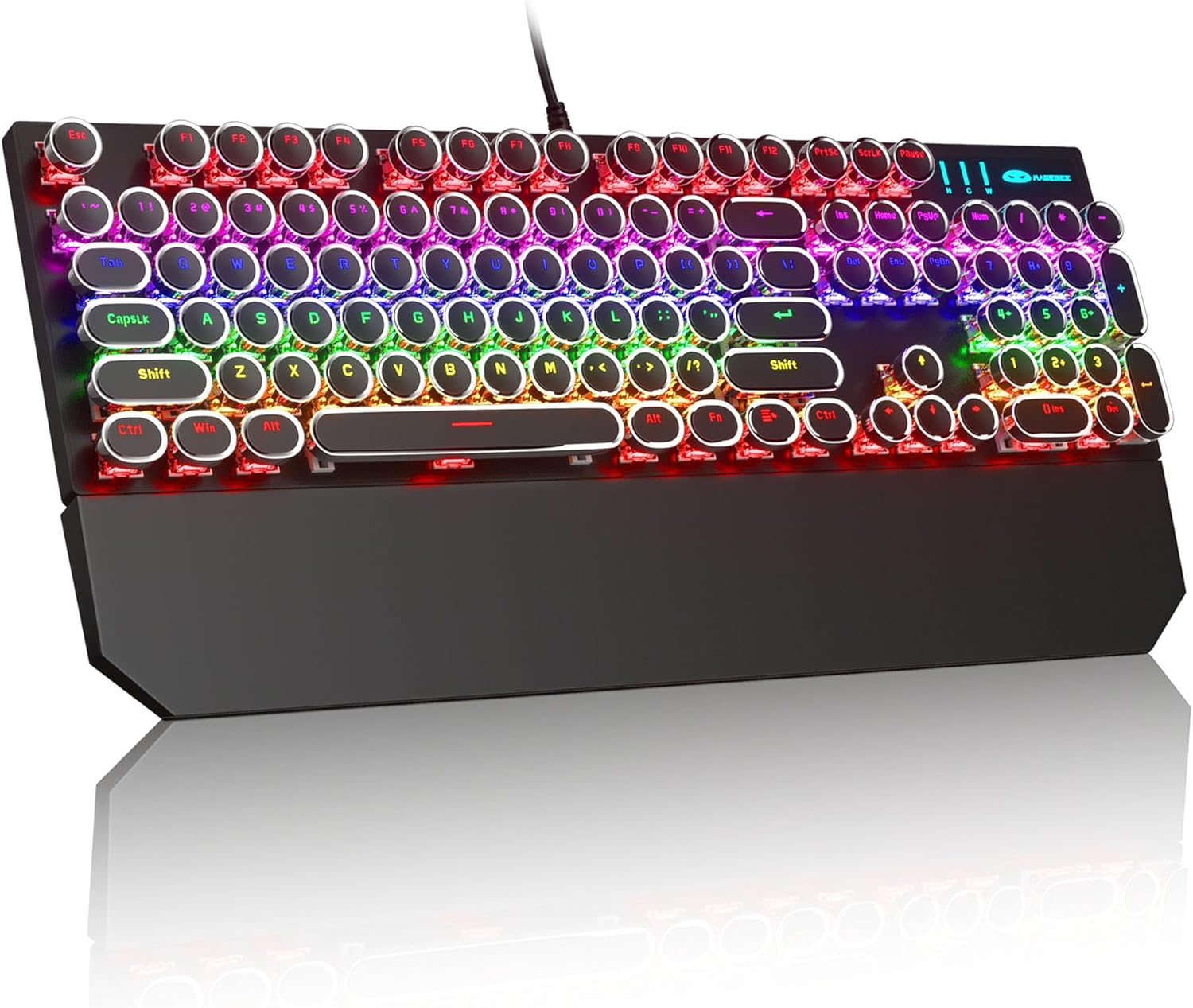 Magegee Typewriter Mechanical Gaming Keyboard, Retro Punk Purple round Keycaps, 104 Keys LED White Backlit Wired Keyboards for Laptop MAC PC Gamer, with Magnetic Wrist Rest, Blue Switch