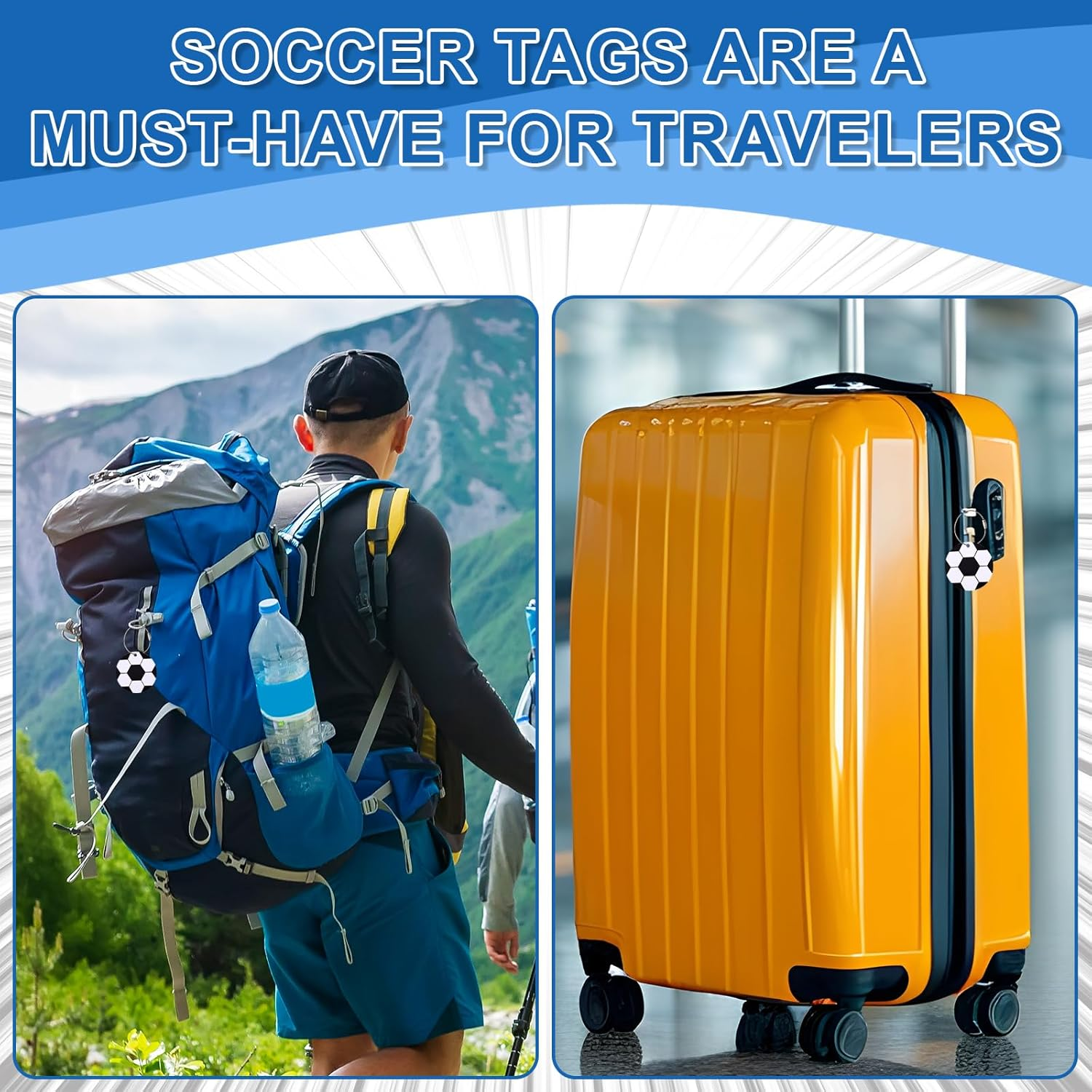 12Pcs Soccer Luggage Tags, 2.76In PVC Travel Bag Labels with Metal Ring Football Keychain Personalize DIY Name ID Cards for Men & Women Suitcases Backpack Sport Team Favors