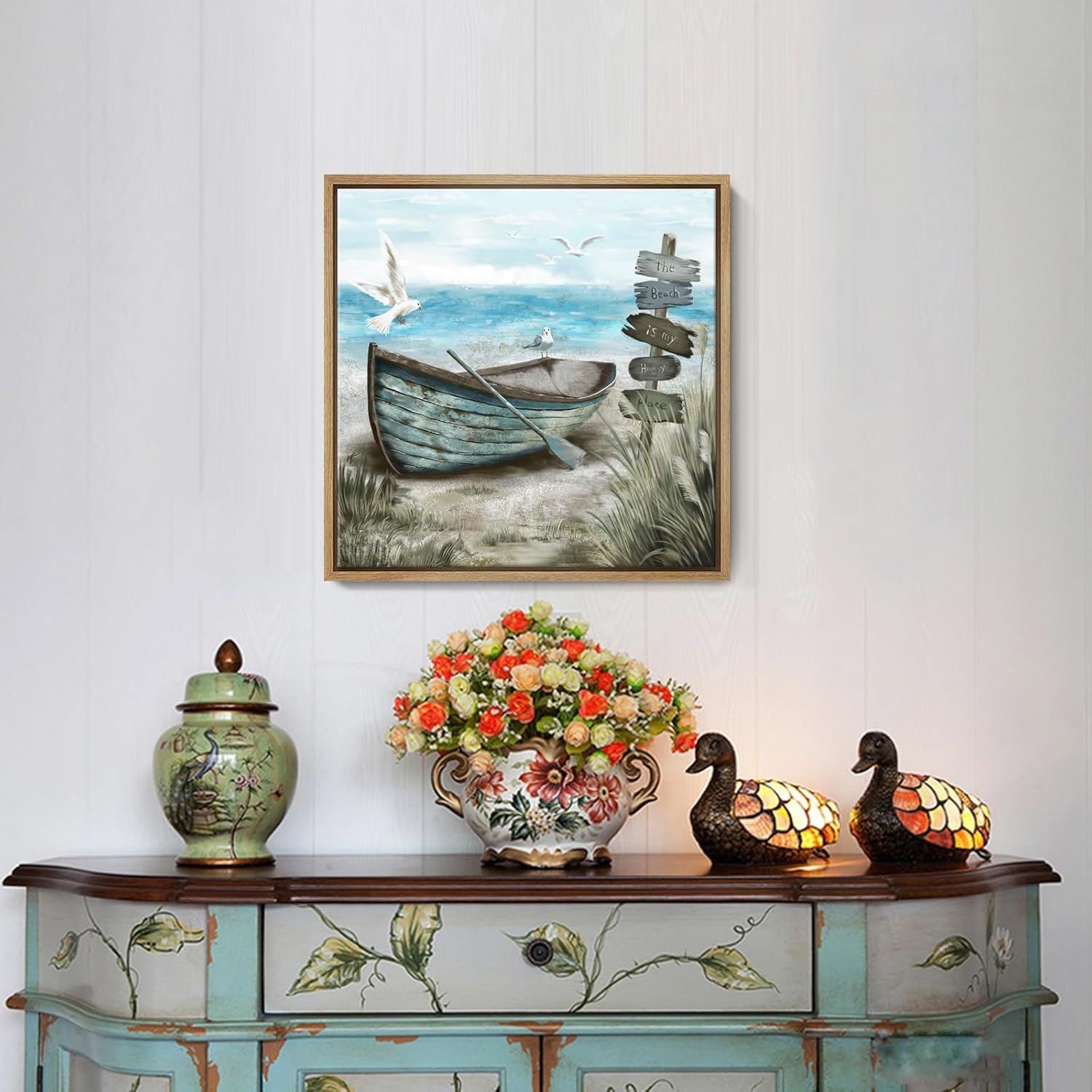 Framed Wall Art Beach D&eacute;cor Ocean Canvas Picture Coastal Artwork Sea Bird Boat Blue Tan Small Rustic Beachy Canvas Print for Bathroom Bedroom Living Room image number 4