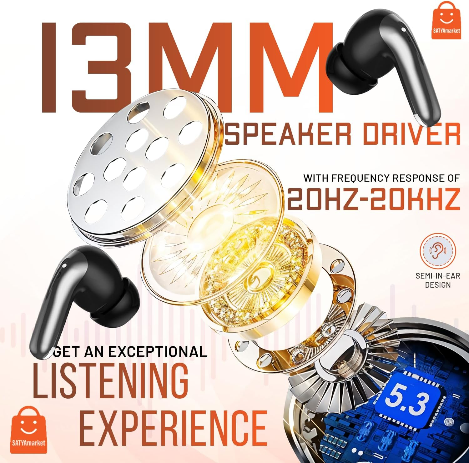 Satyamarket True Wireless Earbuds | TWS | Bluetooth V5.3 | Latest Hifi Stereo Model, Works with Iphone, Android, and Bluetooth Devices - Black image number 1