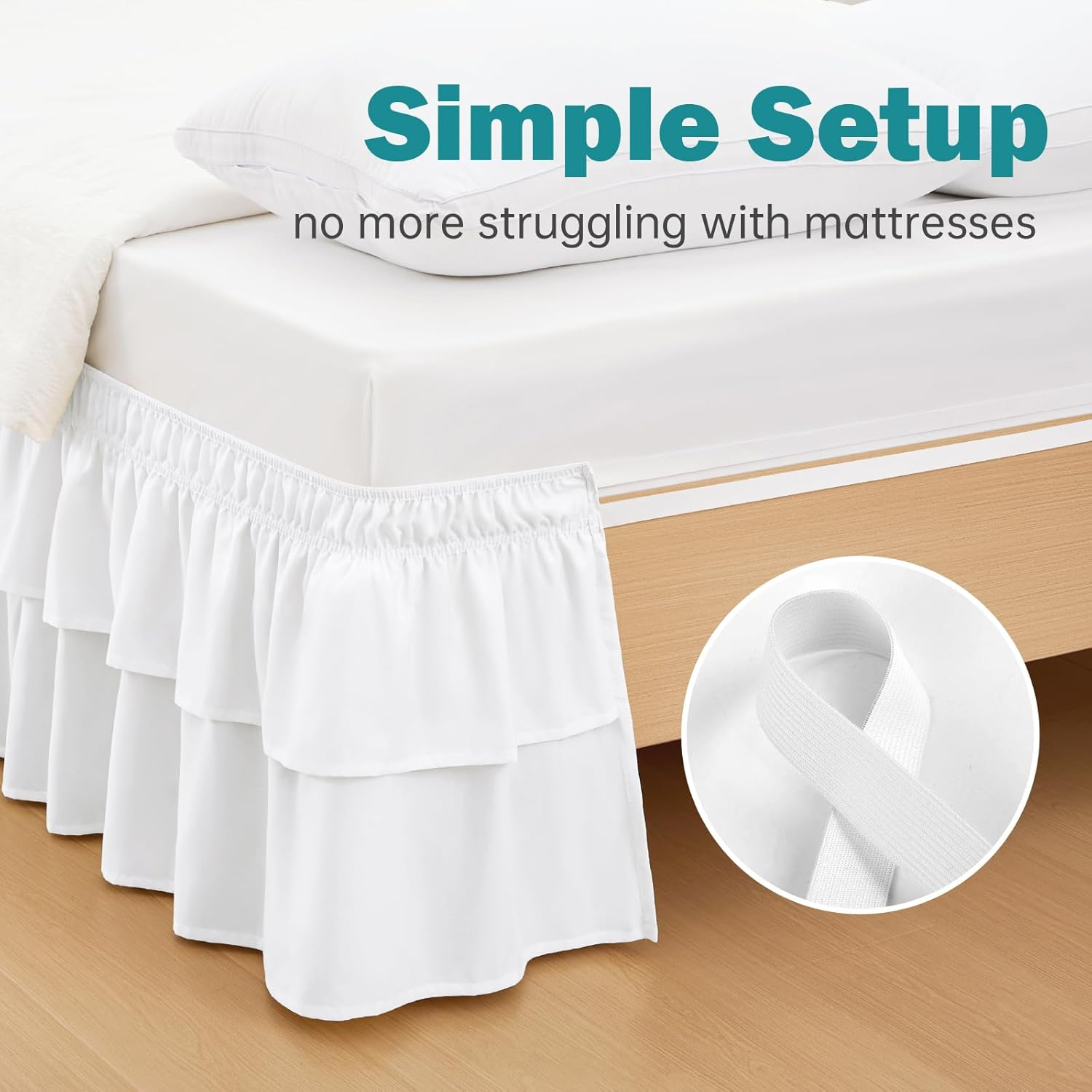 Vocander 2 Layer Bedskirt,White Queen Size Bed Skirt 18 Inch Drop Easy to Put On,Elastic Wrap around Dust Ruffle for Bed Frame & Mattress,Luxury Bedskirt for Adjustable Bed Microfiber Fabric image number 1