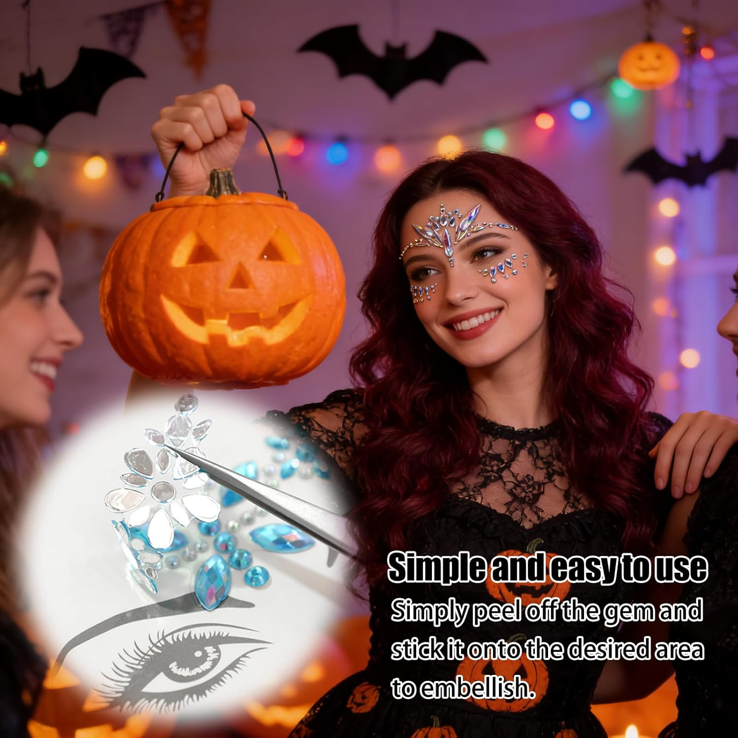 Pack of 6 Face Stick-Ons & Nail Stick-Ons, Rhinestone Glitter for the Eyes, Temporary Tattoos for the Face, Sticks-Ons for Music Festivals, Rave Parties, Halloween, Christmas, Birthdays, Carnival image number 1