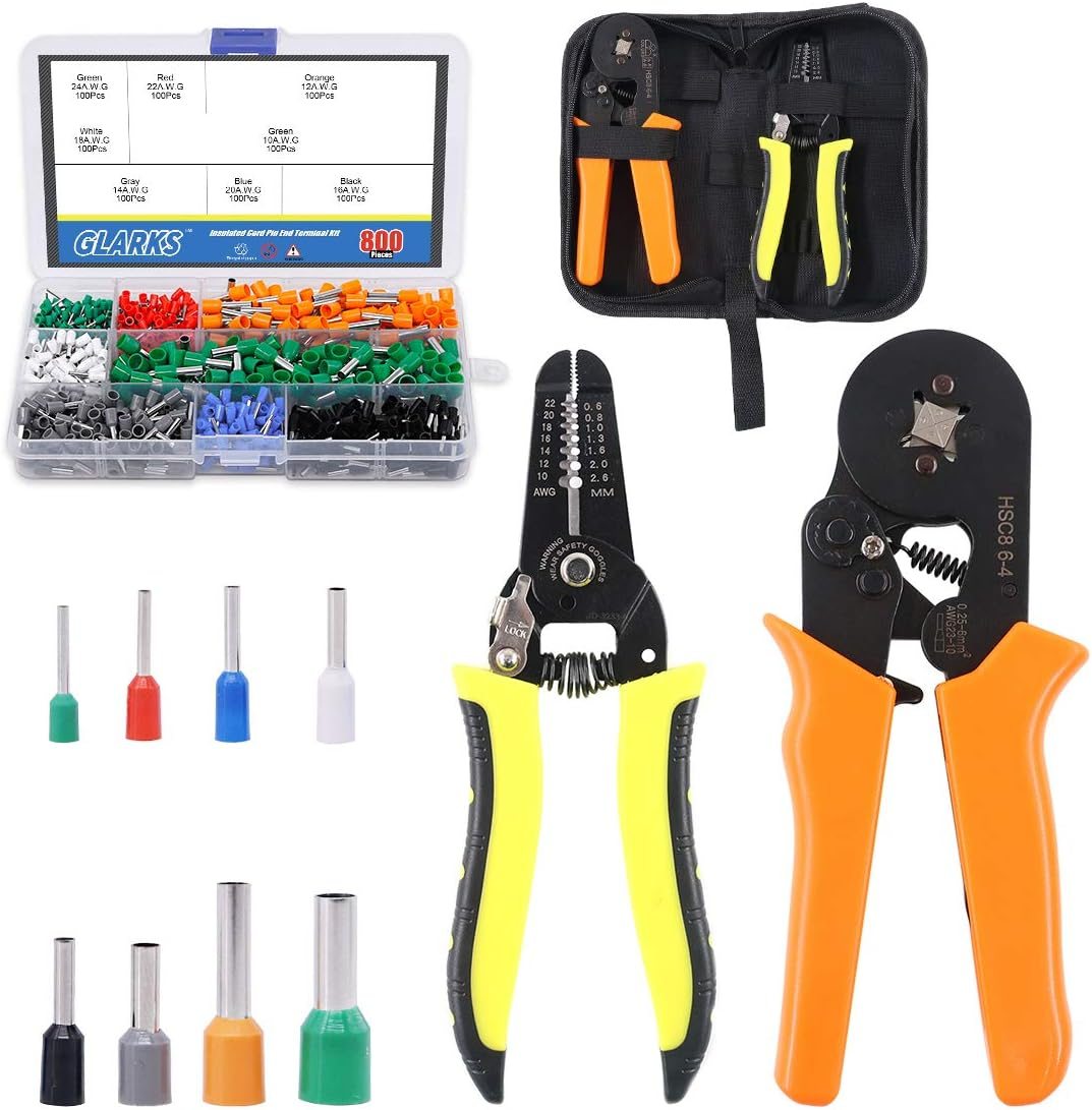 Glarks Ferrule Crimping Tool Kit, Ferrule Wire Terminal Block Crimper Plier with 800Pcs Wire Ferrule Terminals Kit Insulated 0.25-6.0Mm&sup2;, AWG 23-10 and a 10-22 AWG Wire Stripper for Wiring Projects image number 6