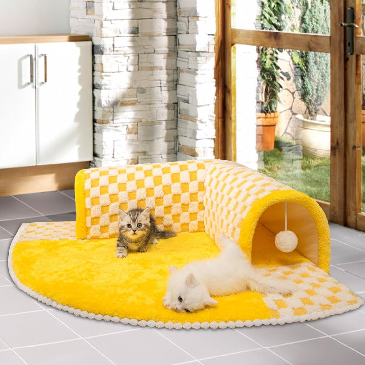 Fluffy Cat Bed with Tunnel | Interactive Pet Cave | Yellow Cat Bed Tunnel, Fluffy Square Tunnel, Cat Tunnel Bed for Indoor Cats, 2 in 1 Foldable Indoor Soft round Cat Tunnel Bed image number 1