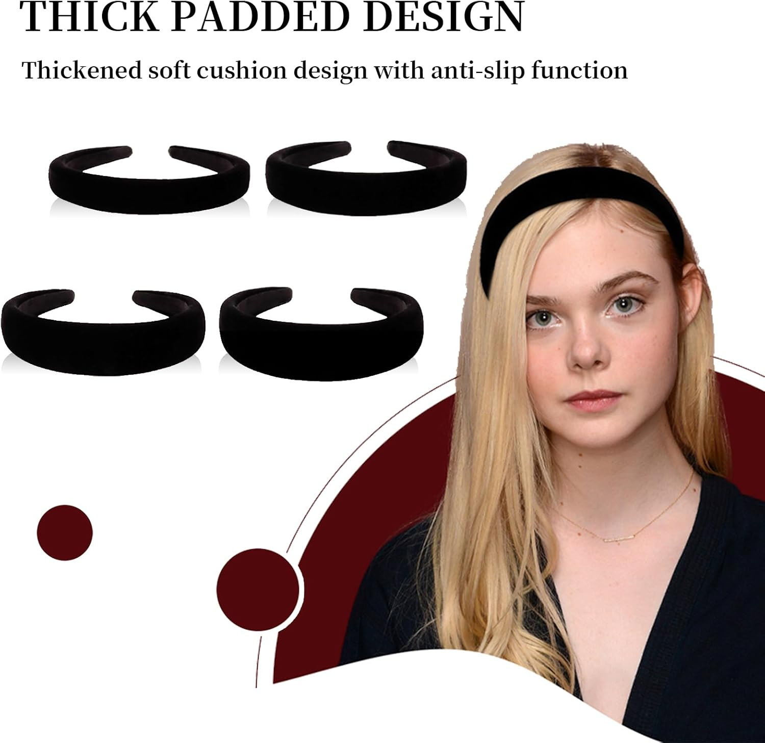 TELAIN Hairband Ladies Black, Velvet Material in 4 Widths, Thick Padded and Non-Slip, Stylish Hair Accessories for All Occasions image number 4