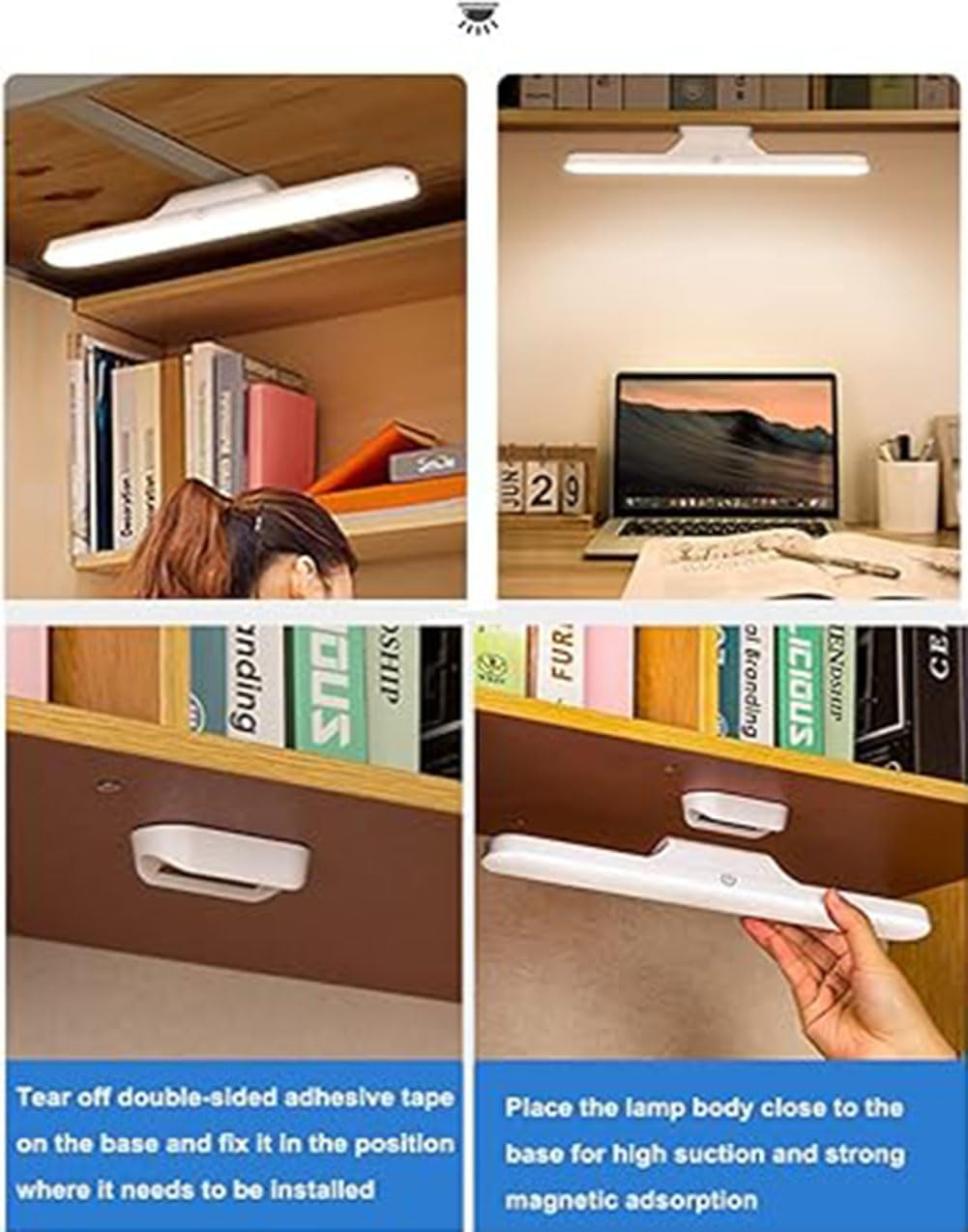 Dimmable Touch Light Bar, USB Rechargeable Reading Lights, Stick Magnet Mounting Base, for Reading, Closet, Makeup Mirror, Vanity, Bedside, Study Light image number 6