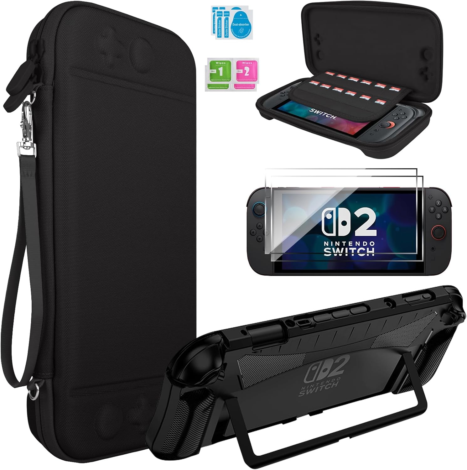 Tcaraersing for Nintendo Switch 2 Protective Travel Carrying Case with 12 X Game Card Slots, 1 Slim Comfortable Grip Cover, 2 Screen Protector, Dedicated Charger & Accessory Storage Pockets， Purple