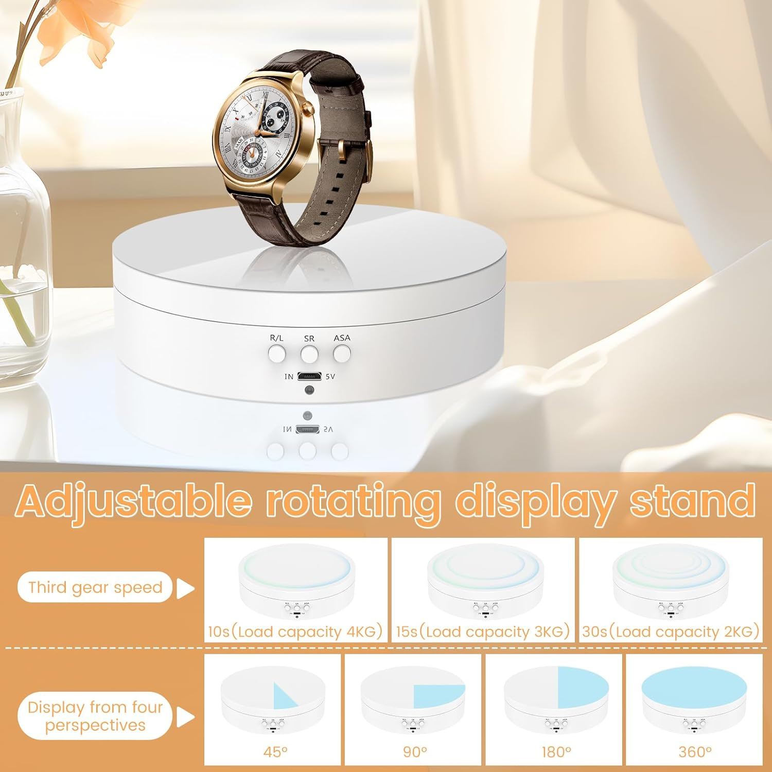 Rotating Display Stand 360&deg; Rotation Electric Rotating Turntable Speed and Direction Adjustable Turntable Display Stand with Low Noise for Jewelry/Photography Products/Watch/Cup and Ect. (White) - White image number 5
