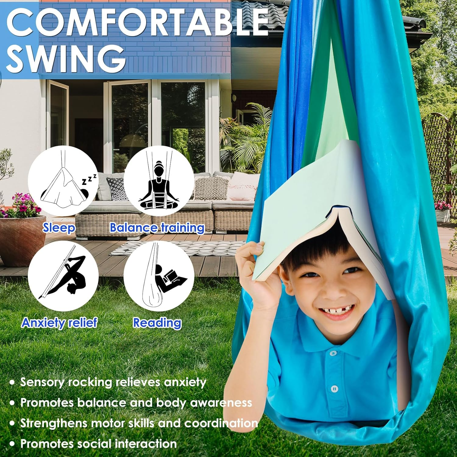 ZFLYCANP Sensory Swing, Cuddle Swing with 360&deg; Swivel Hanger Kit, Therapy for Child & Adult with Autism ADHD Aspergers Sensory Integration (Beauty of Youth) - Colorful Print image number 4