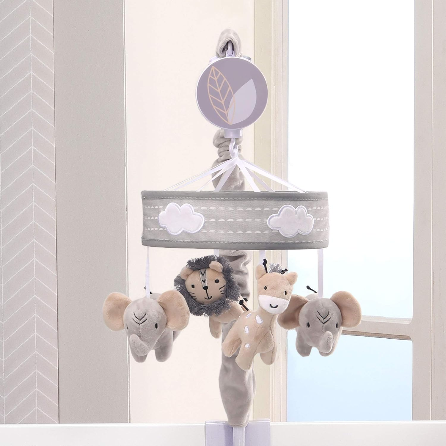 Lambs & Ivy Jungle Safari Musical Baby Crib Mobile - Gray, Beige, White, Animals image number 1