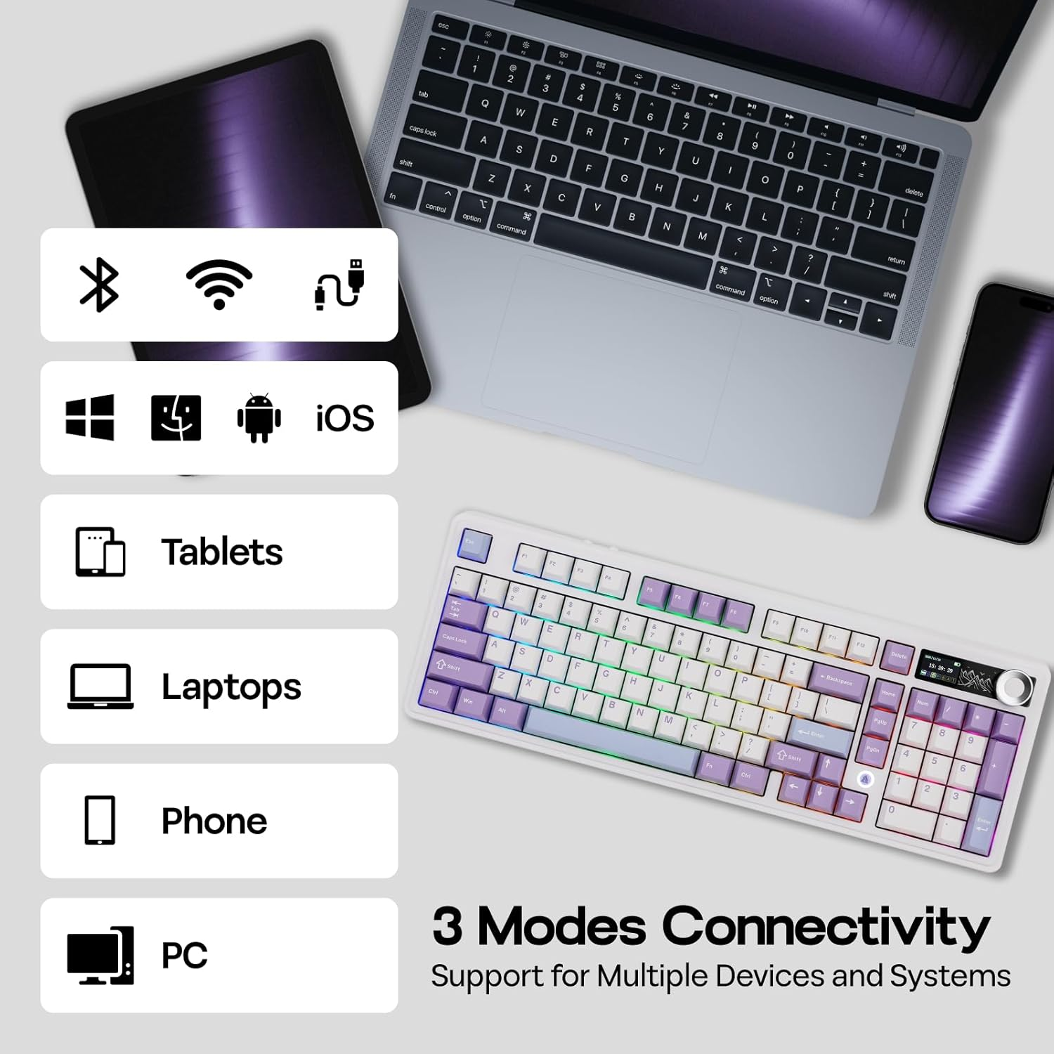 Mechlands AJAZZ AK980 96% Usb-C/Bt5.0/2.4Ghz Wireless Gaming Keyboard with 1.14&rsquo;&rsquo; TFT Screen, Hot Swappable Creamy Mechanical Keyboard with FR4 Plate, Knob, RGB for Win/Mac (White, Gift V2 Switch) image number 1