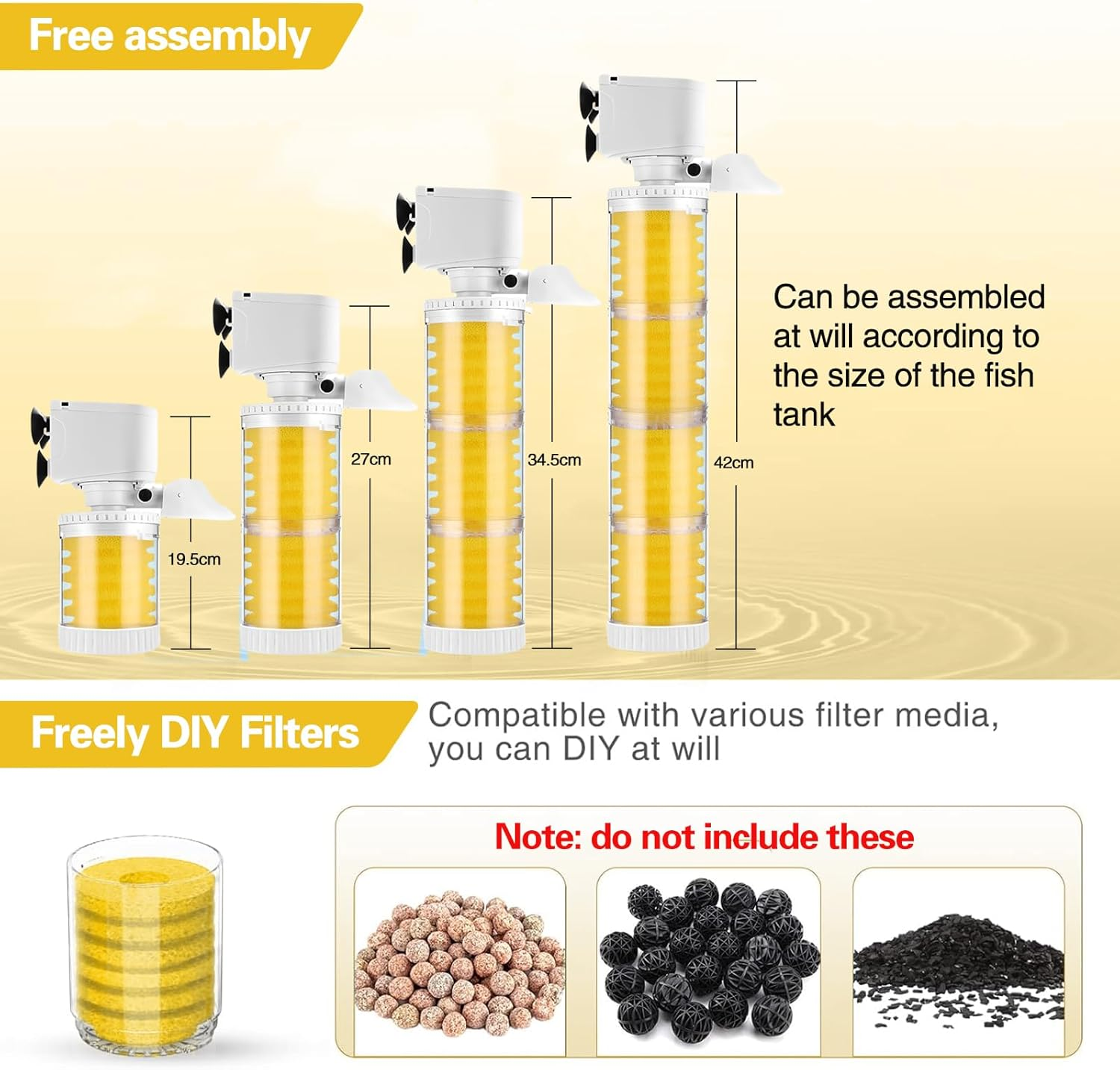 35W Submersible Aquarium Filter for 30-800 L, 3-In-1 Biochemical Sponge Filter for Aquarium Filtration/Oxygenation/Circulation, up to 2500L/H Adjustable Internal Fish Tank Filter (Yellow) image number 3