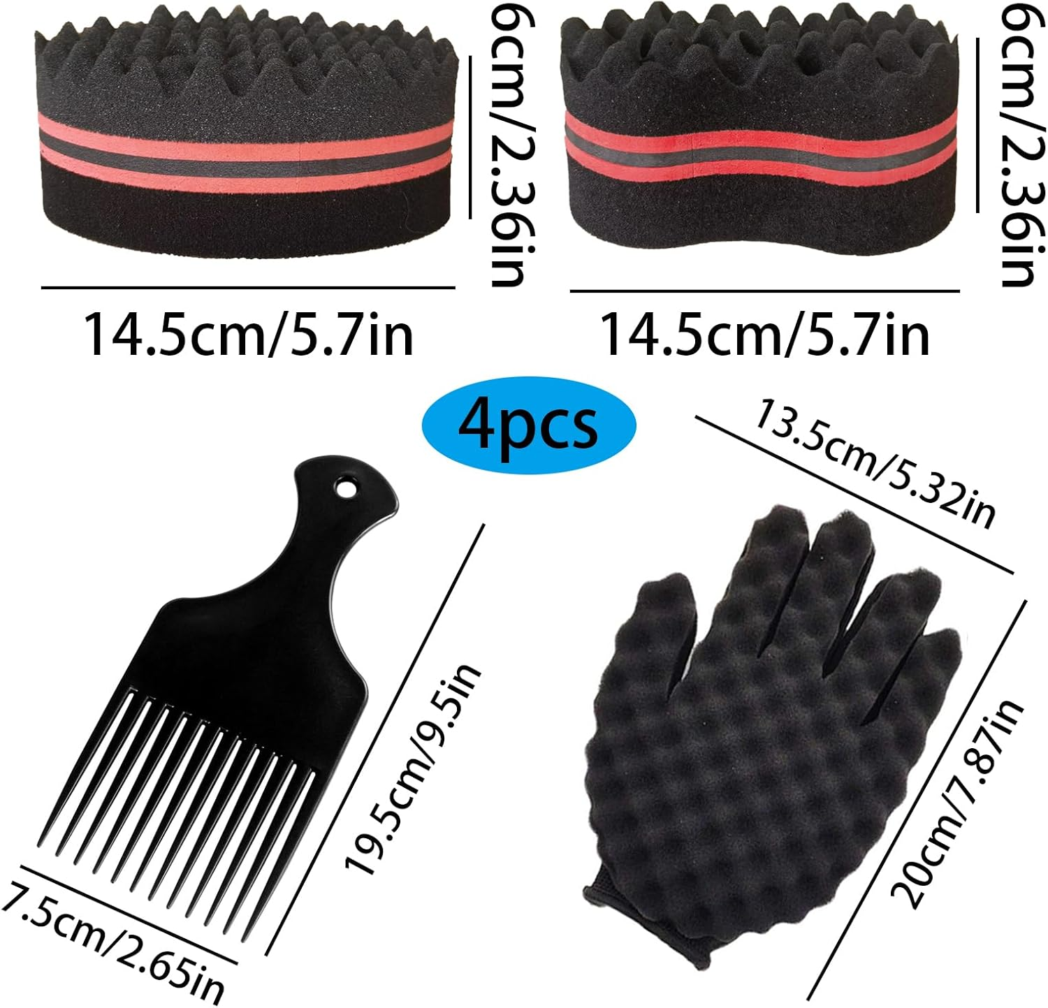 ARJDXDP 4 Pcs Hair Sponge Brush, Big and Small Holes Hair Sponge Brush with Combs and Gloves, 4 in 1 Afro Twist Comb Set for Barber and Home image number 6