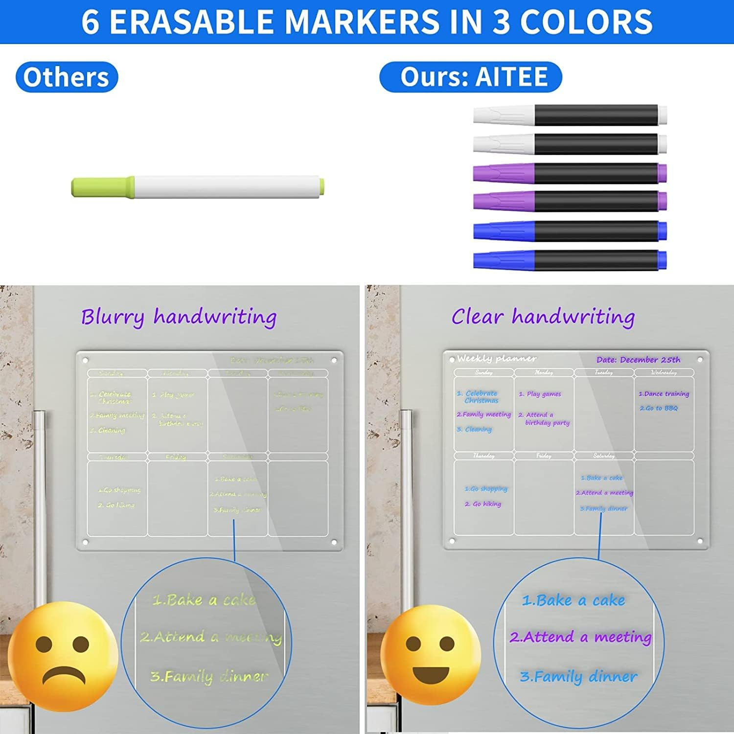 Acrylic Magnetic Dry Erase Board and Calendar for Fridge, Clear Set of 2 for Refrigerator Reusable Planner, Includes 6 Dry Erase Markers with 3 Colors (Monthly Calendar + Weekly Calendar) image number 5