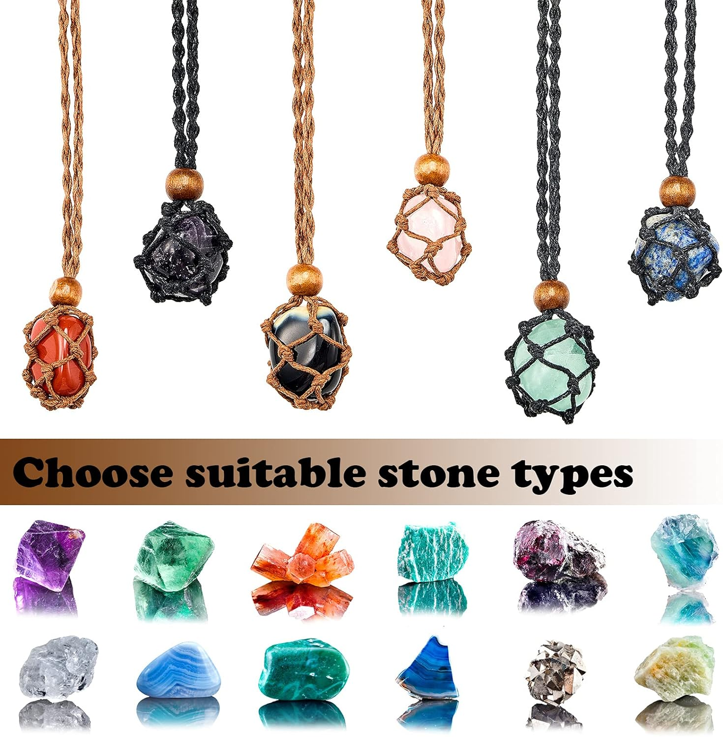 Hicarer 6 Pieces Necklace Cord Empty Stone Holder Empty Necklace Holder Quartz Crystal Stone Cord, 3 Sizes Adjustable Cage Fish Netted for DIY Jewelry Making(Black,Brown) image number 4