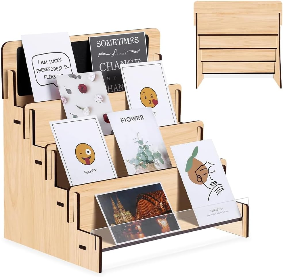 Greeting Card Display Stand,Postcard Display Stand,Stickers Display Stand,Card Organizer Shelf, for Picture Photos Birthday Cards,For Collector, Pictures, Brochure,4-Tier