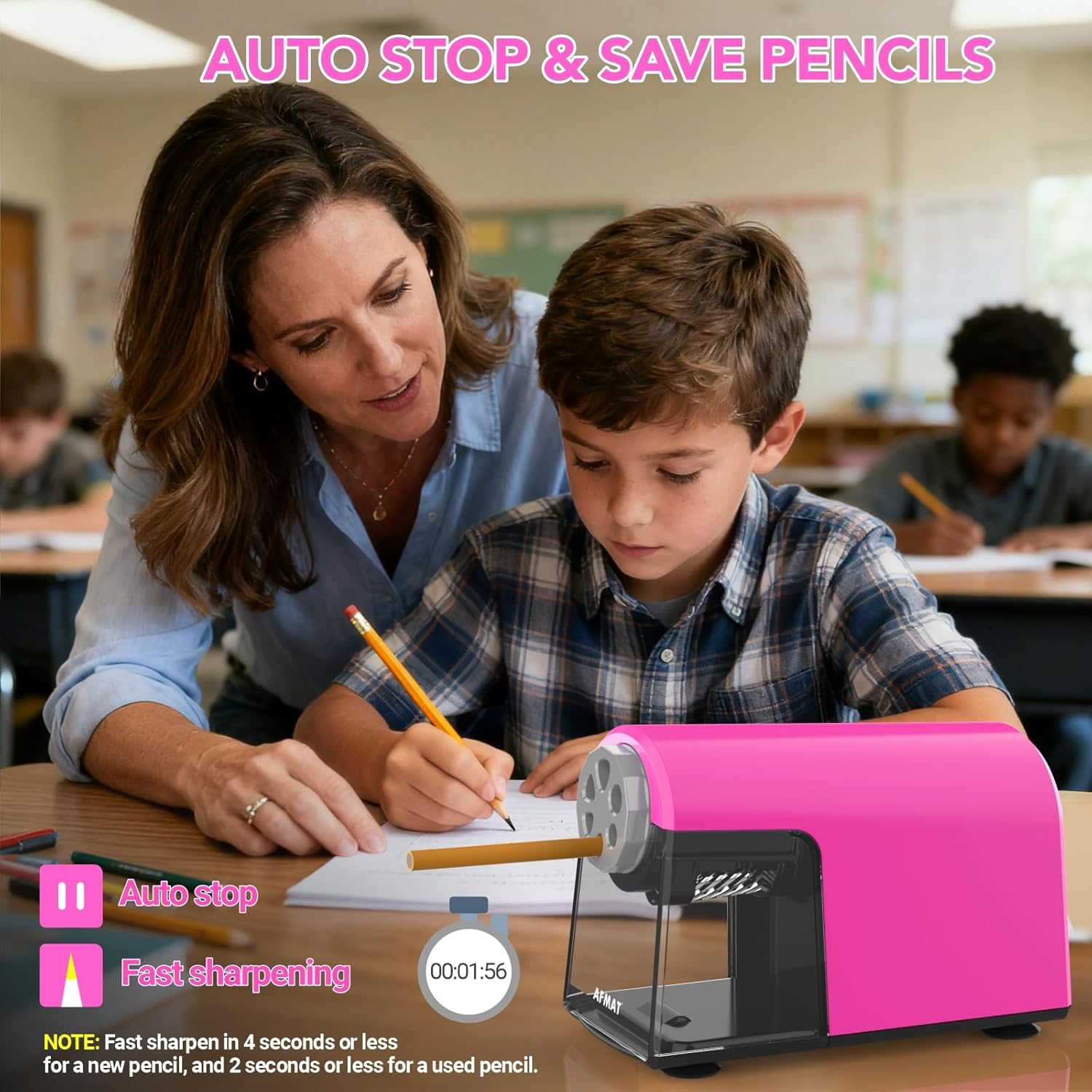 AFMAT Electric Pencil Sharpener with Container, 6 Holes Classroom Pencil Sharpener Automaticric, Quick Sharpening of 6-11 Mm Colouring Pencils, Large Capacity, Safe for Children, Teachers Musthaves image number 1
