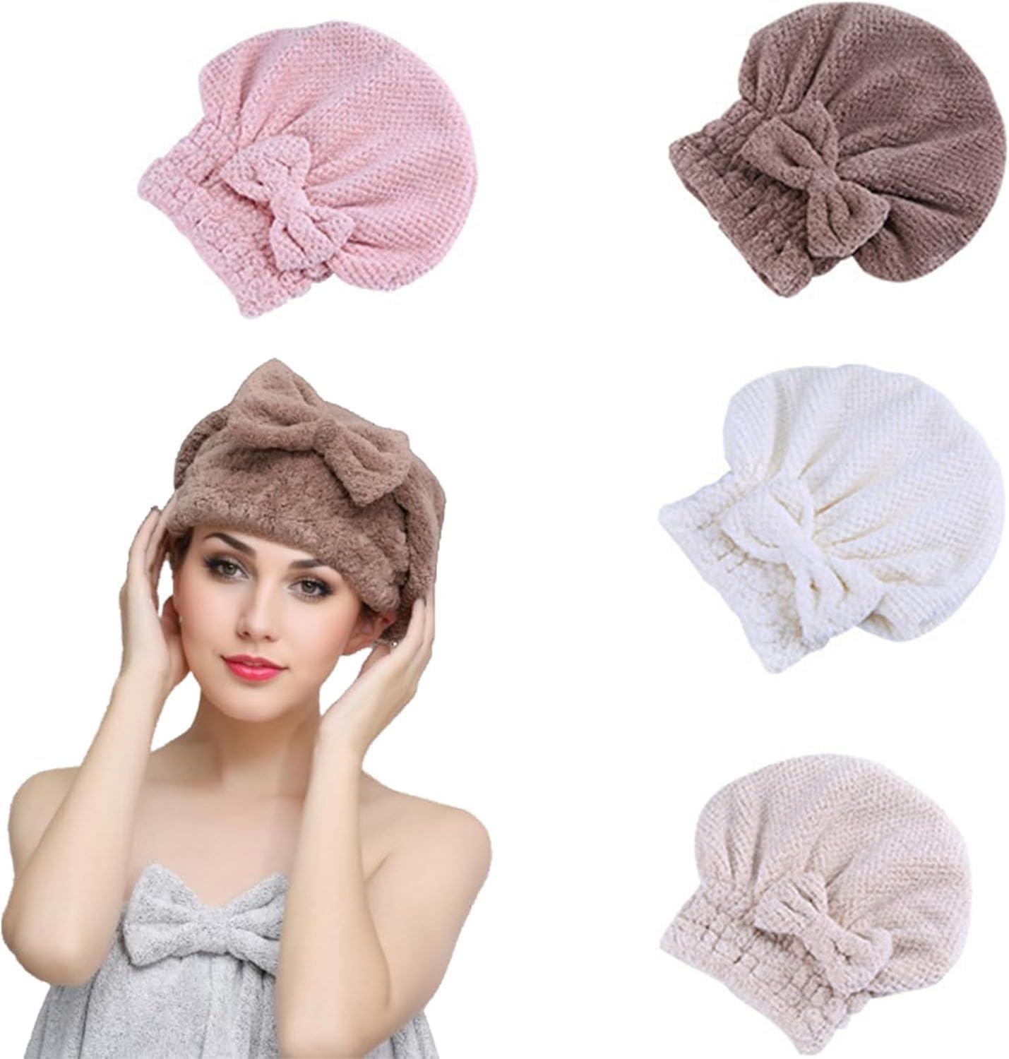 4 Pack 4 Color Hair Drying Cap, Quick Dry Head Wrap with Bow-Knot Shower Cap, Drying Towel for Curly, Straight, Long, Thick or Wet Hair image number 3