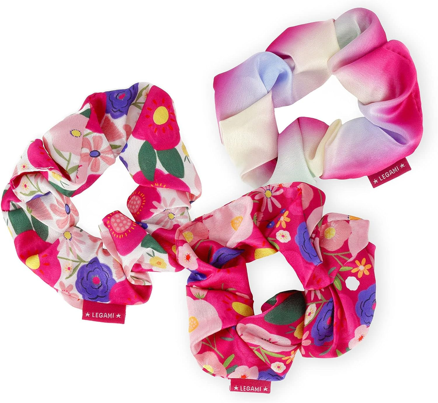 Legami Hair We Are! Flowers Hair Scrunchies, 11.5 Cm Diameter (Set of 3) | Create Unique Hairstyles, Colourful Buns or an Elegant Ponytail | Crafted from High-Quality, Smooth Satin Material image number 1