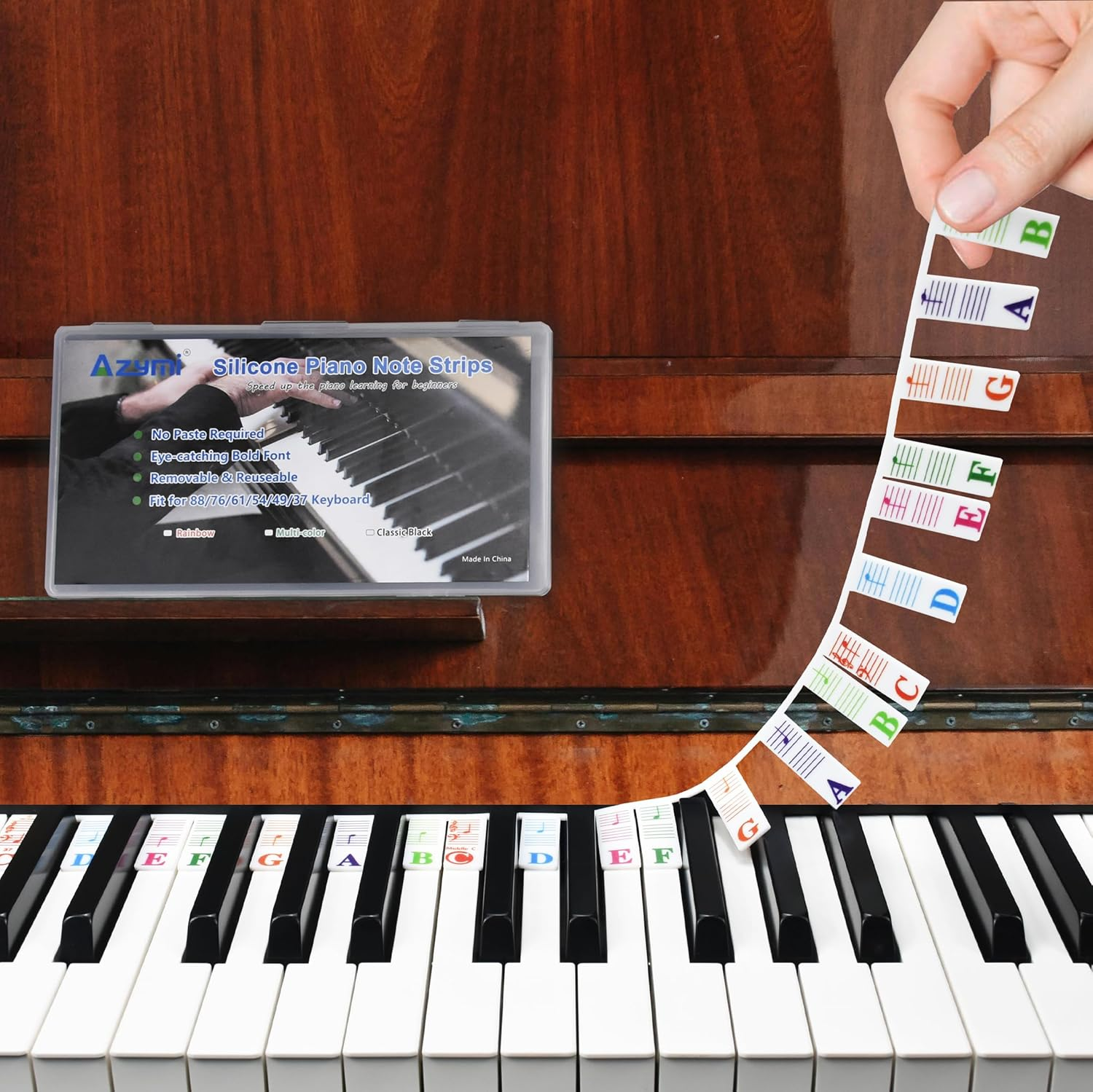 Piano Key Labels, Azymi Removable Keyboard Note Guide for Beginner for 88/76/61/54/49/37 Keys Reusable Silicone Strips Multi-Color Larger Bold Letter for Kids