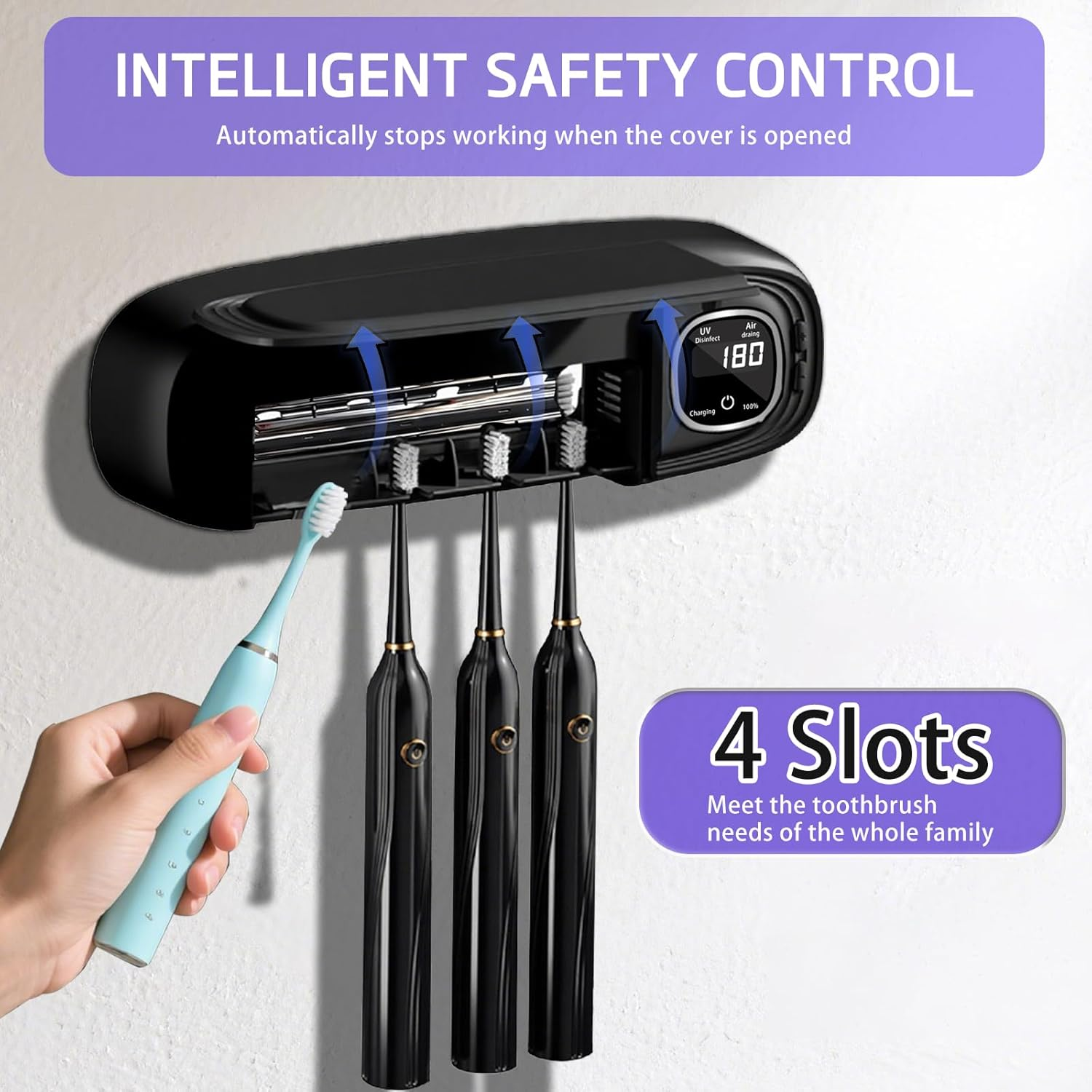 Toothbrush Sanitizer and Holder, UV Toothbrush Holder with Air Drying Function, Rechargeable LED Tooth Brush Holder Wall-Mounted for Bathroom, Timer Function, No Drilling, 4 Slots (Black) - Black image number 6