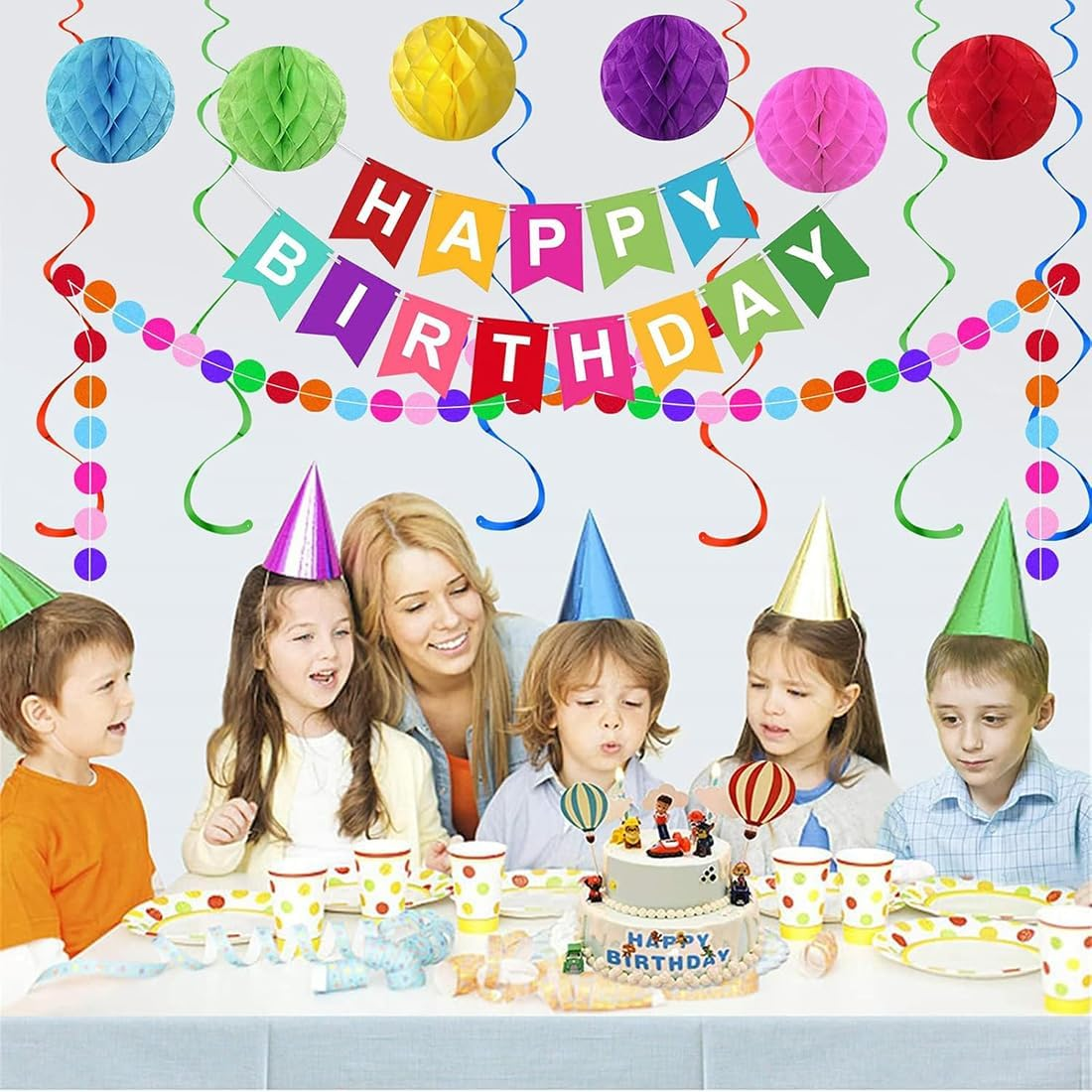 Happy Birthday Banner, Party Decoration, Rainbow Birthday Banner, Birthday Party Decorations Party Supplies, 6 Honeycomb Balls, 8 Metallic Hanging Swirls and Circle Parper Garland image number 1
