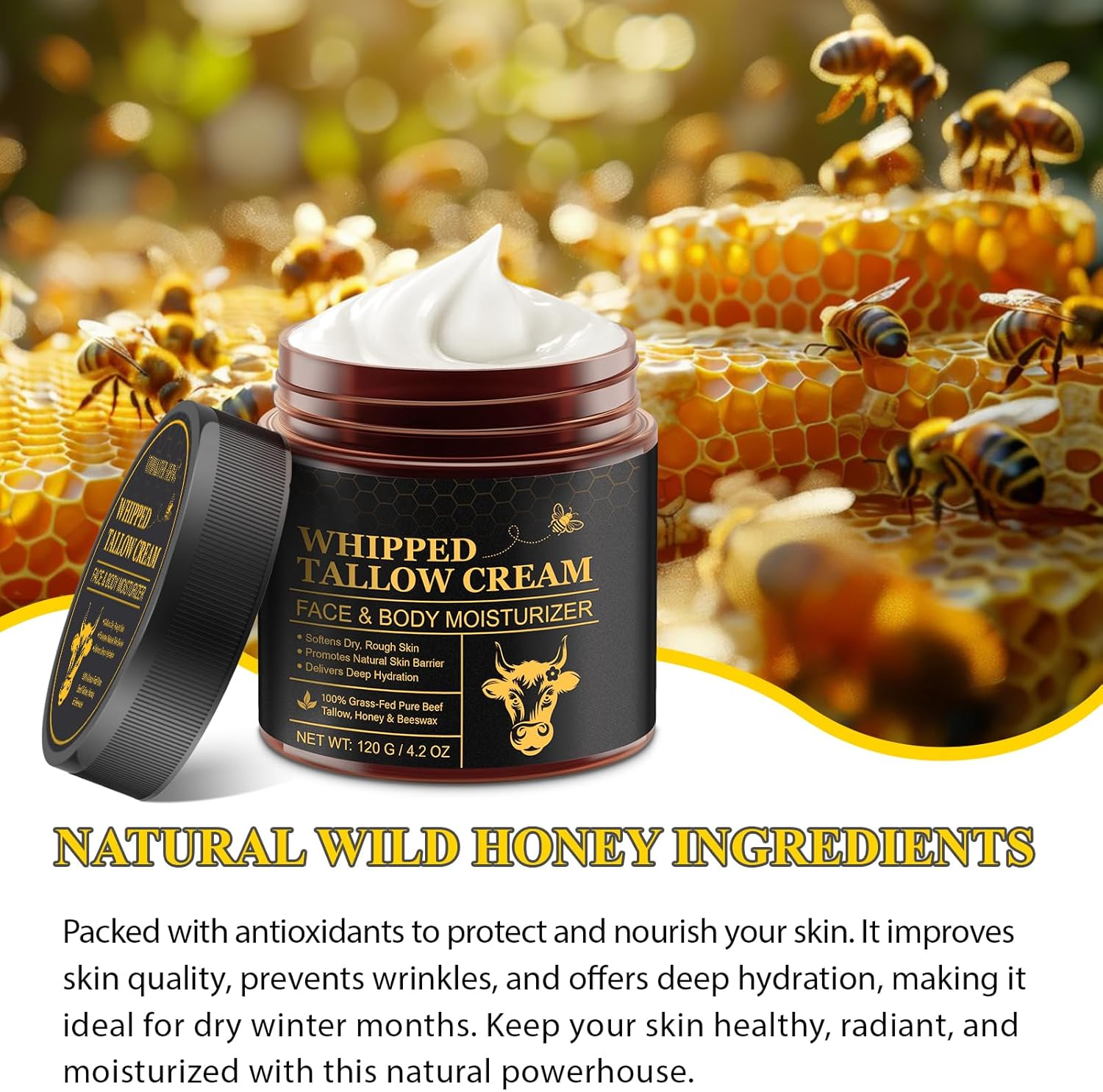 Beef Tallow Skin Care 120G - 100% Grass Lined Sebum Face Cream Nourishing Face & Body Oil Free & Unscented All Skin Types Gluten Free Glass Container image number 2