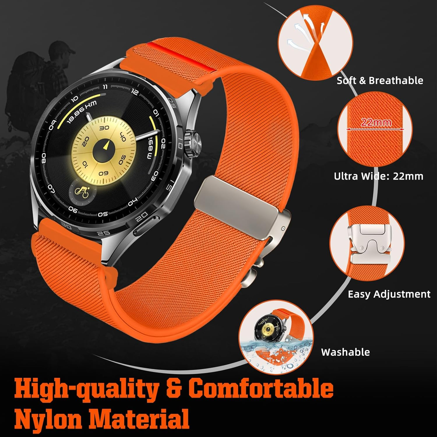 Hinnwer 22 Mm Nylon Strap for Huawei Watch GT 6 46 Mm/Watch GT 6 Pro/5/Gt 5/GT 5 Pro/Gt 4/4 46 Mm, Elastic Sport Parachute Closure, Braided Band for Huawei Watch Ultimate 2, 22Mm, Nylon image number 1