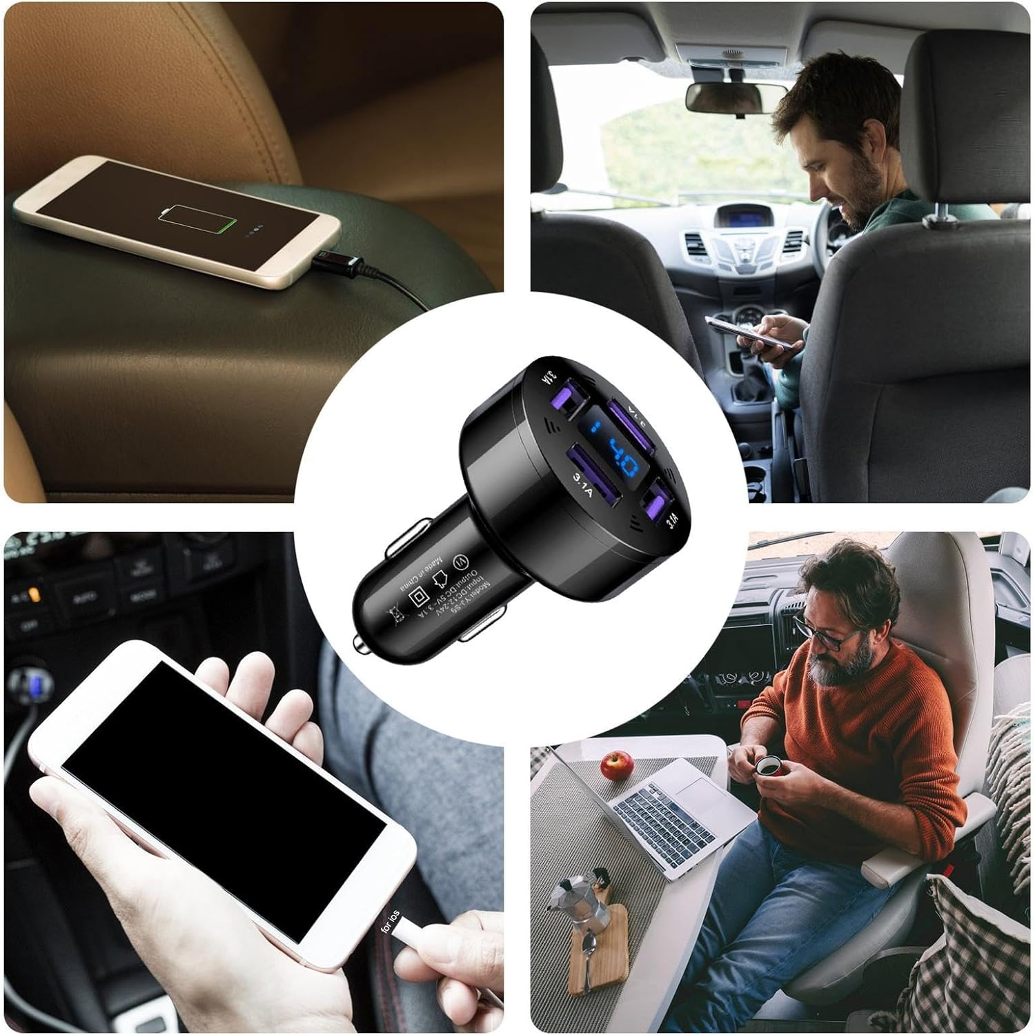 Car Charger USB Fast Charge | Fast Charging Block 4-Port Plug-In Phone Adapter,12-24V Car Charging Head Plug-In for Smartphones, Drive Recorders, Cameras