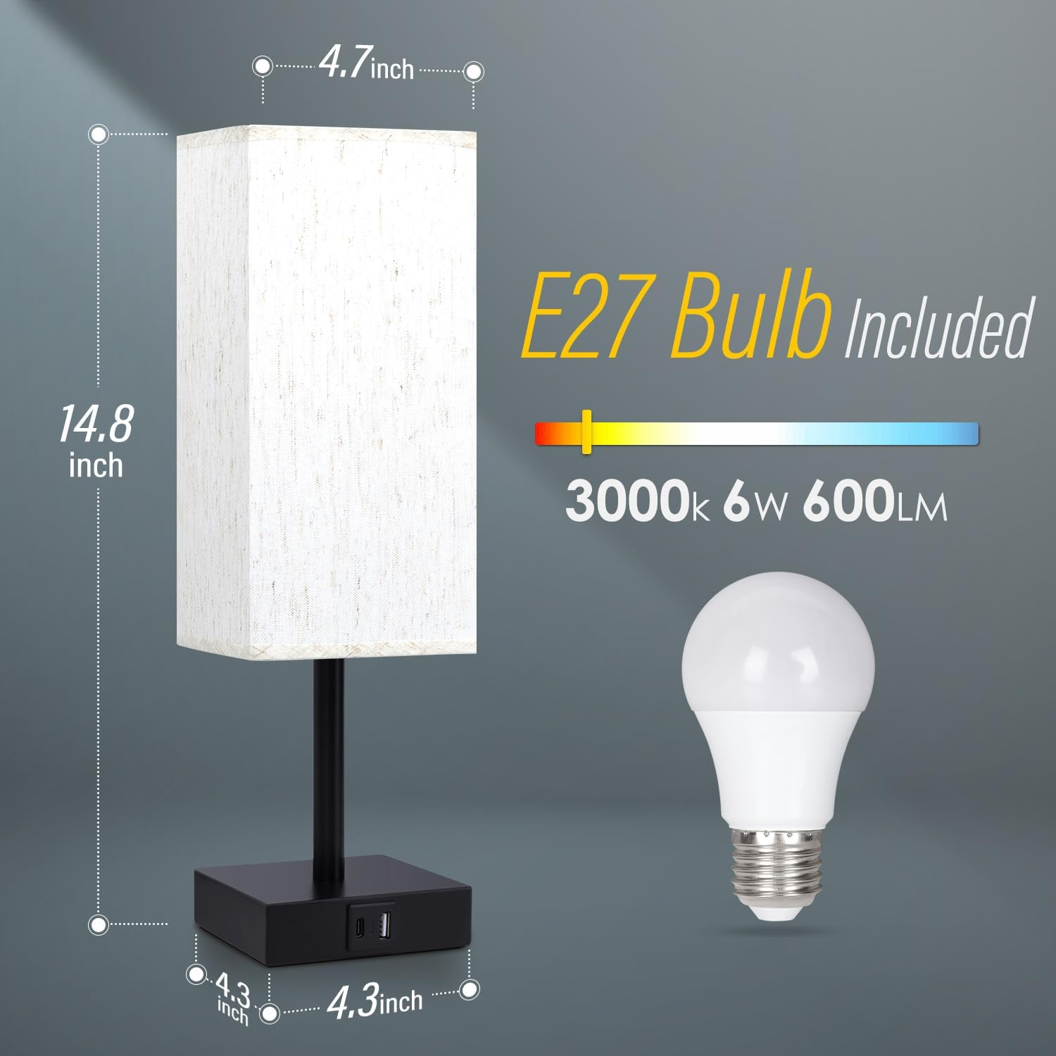 Bedside Lamp with USB Ports - Touch Control Table Lamp for Bedroom with USB C+A Charging Ports, 3 Way Dimmable Nightstand Light for Living Room (LED Bulb Included, Beige) - Grey image number 6