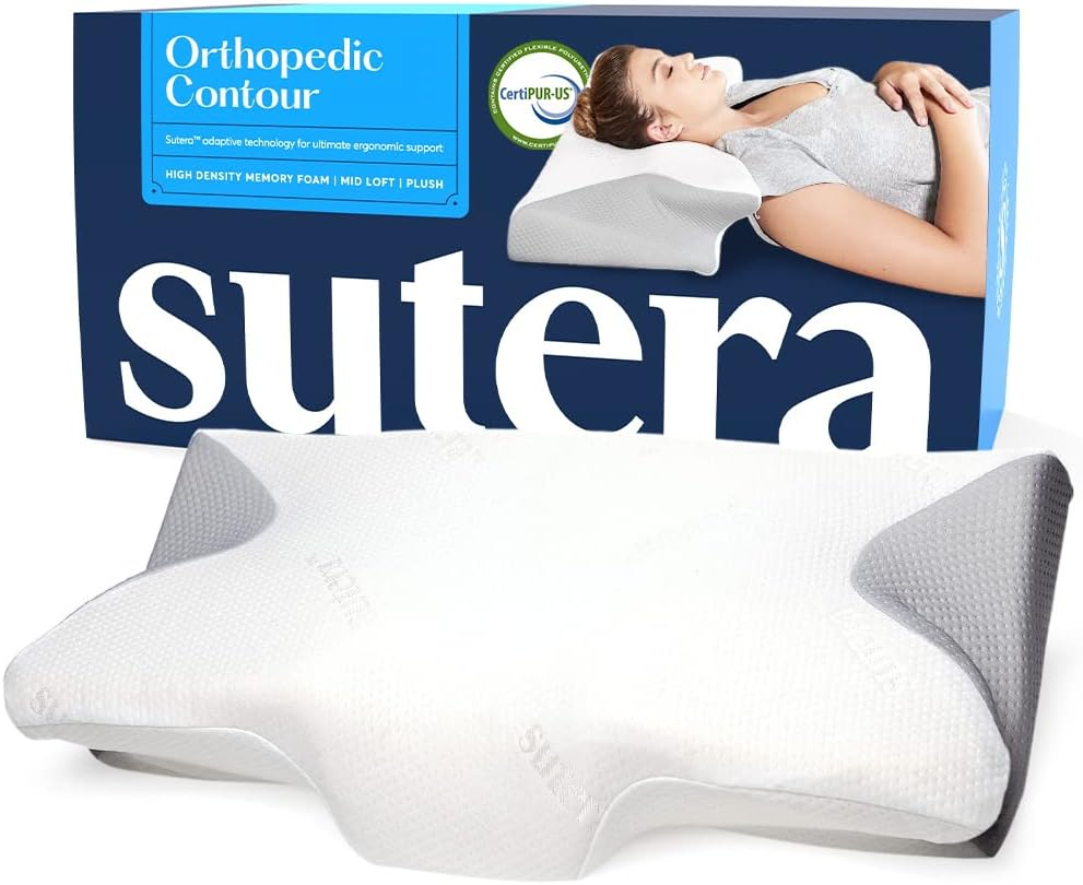 SUTERA - Contour Memory Foam Pillow for Sleeping, Orthopedic Cervical Support for Neck, Shoulder and Back Pain Relief, Ergonomic Pillow for Side, Back and Stomach Sleepers, Washable Cover - White +Bag