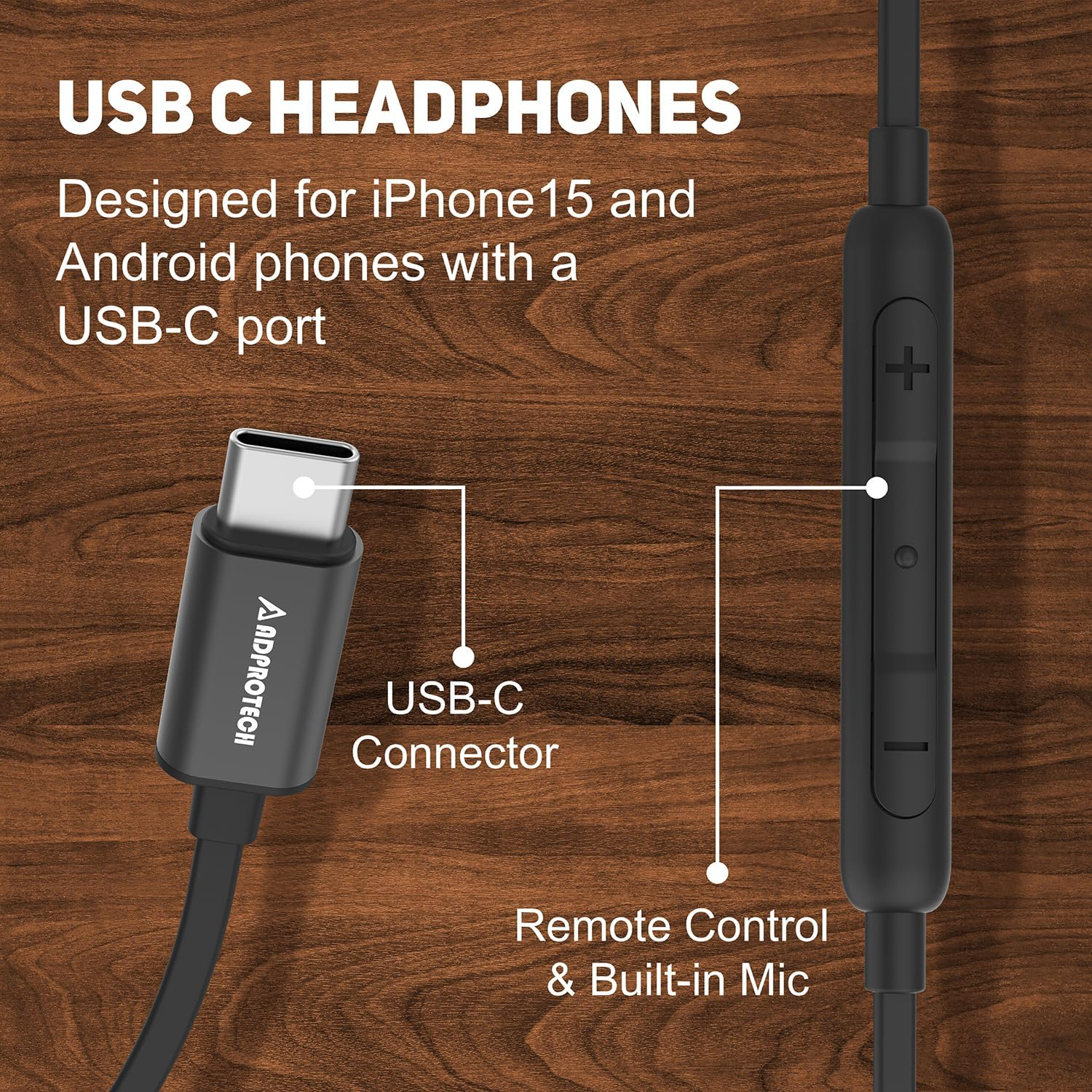 USB C Headphones for Iphone 16, Type C Earbuds Red Pear Wood Wired Hifi Stereo with Remote & Mic, USB C Earphones Compatible with Iphone 16/15 Pro Max, Galaxy S23, Ipad Device with Type C, Black image number 5