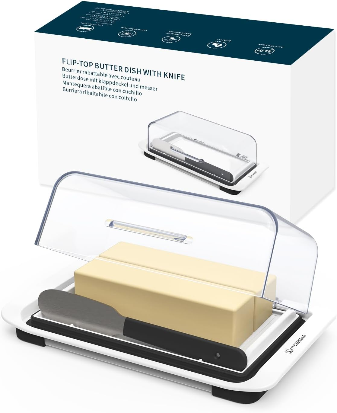 KITCHENDAO Airtight Flip-Top Butter Dish with Lid and Knife Spreader for Countertop and Refrigerator,Plastic Butter Holder Tray for 2 Sticks East Coast/West Coast/European Style/Kerrygold Butter image number 6