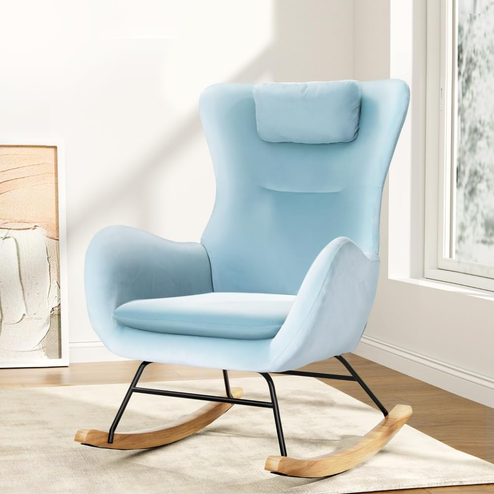 Artiss Rocking Chair Armchair Recliner Chairs Lounge Dining Nursing Seat Reading Seating Chaise Lounges Home Living Room Bedroom Furniture, Blue Teddy Fabric, with 2 Rubberwood Legs image number 6